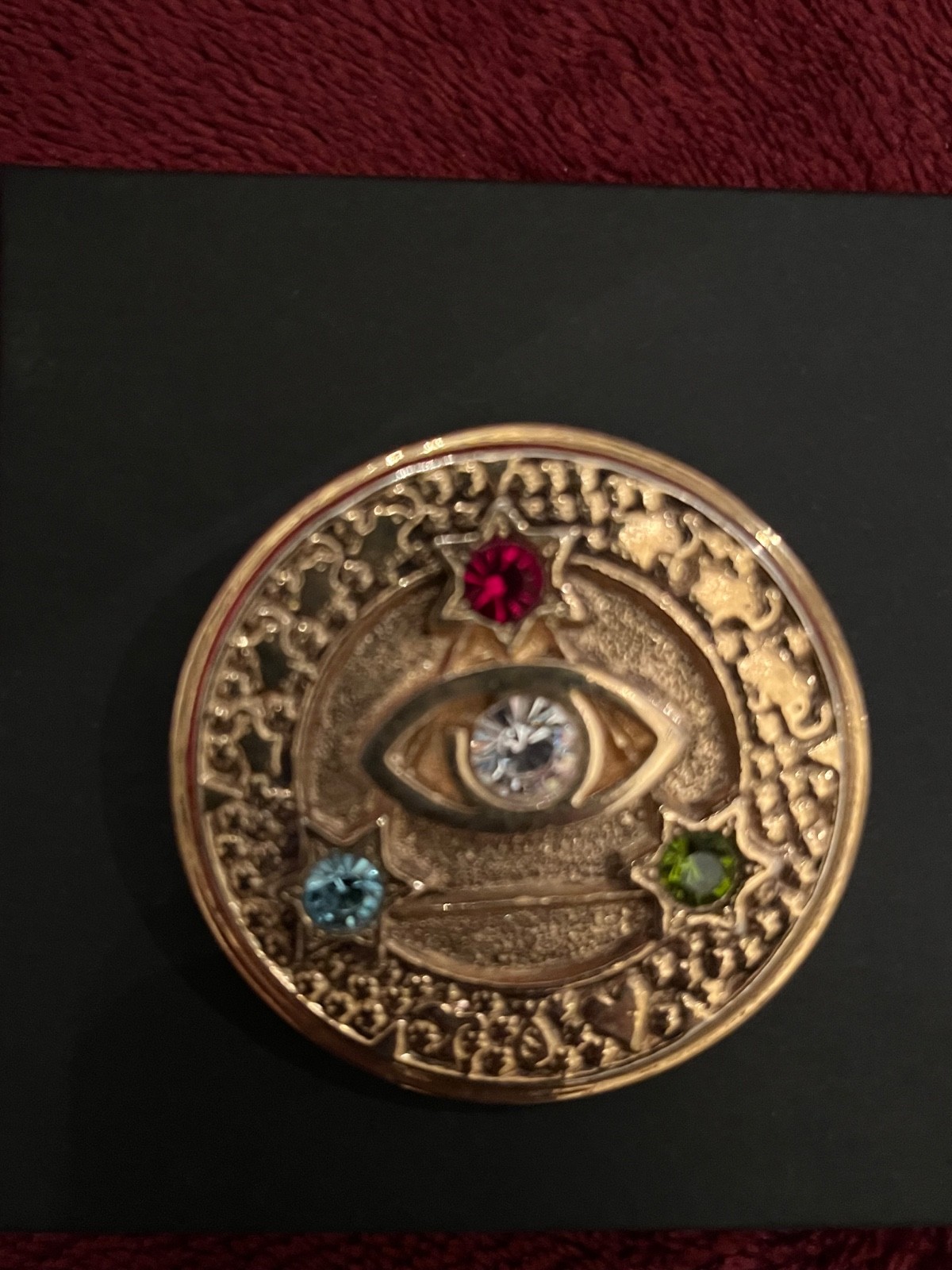 Vtg. Jewels Third Eye Charm, Authentic Rhinestone pin Brooch lucky charm Signed