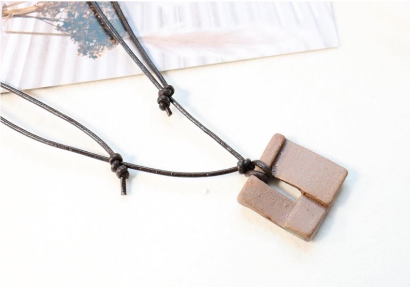Korean Celadon Patchwork Square Necklace Handmade Ceramic Pendant