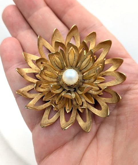 Vintage Flower Brooch Earrings Set EMMONS Gold Tone Faux Pearl Statement