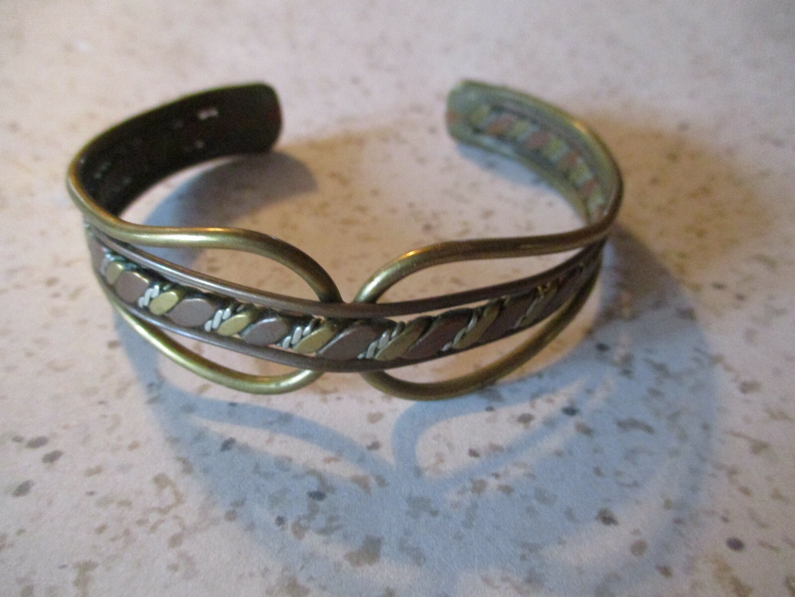 VINTAGE, CUFF BRACELET, COPPER, BRASS, TWISTED SILVER, INTRICATE DESIGN 2.25″ W
