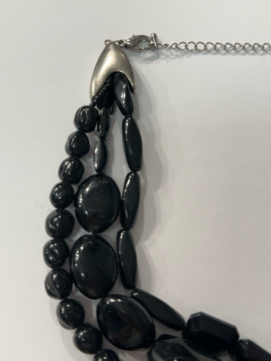 Vintage 1980s Black Multi Strand Statement Necklace Geometric Acrylic Bib Silver