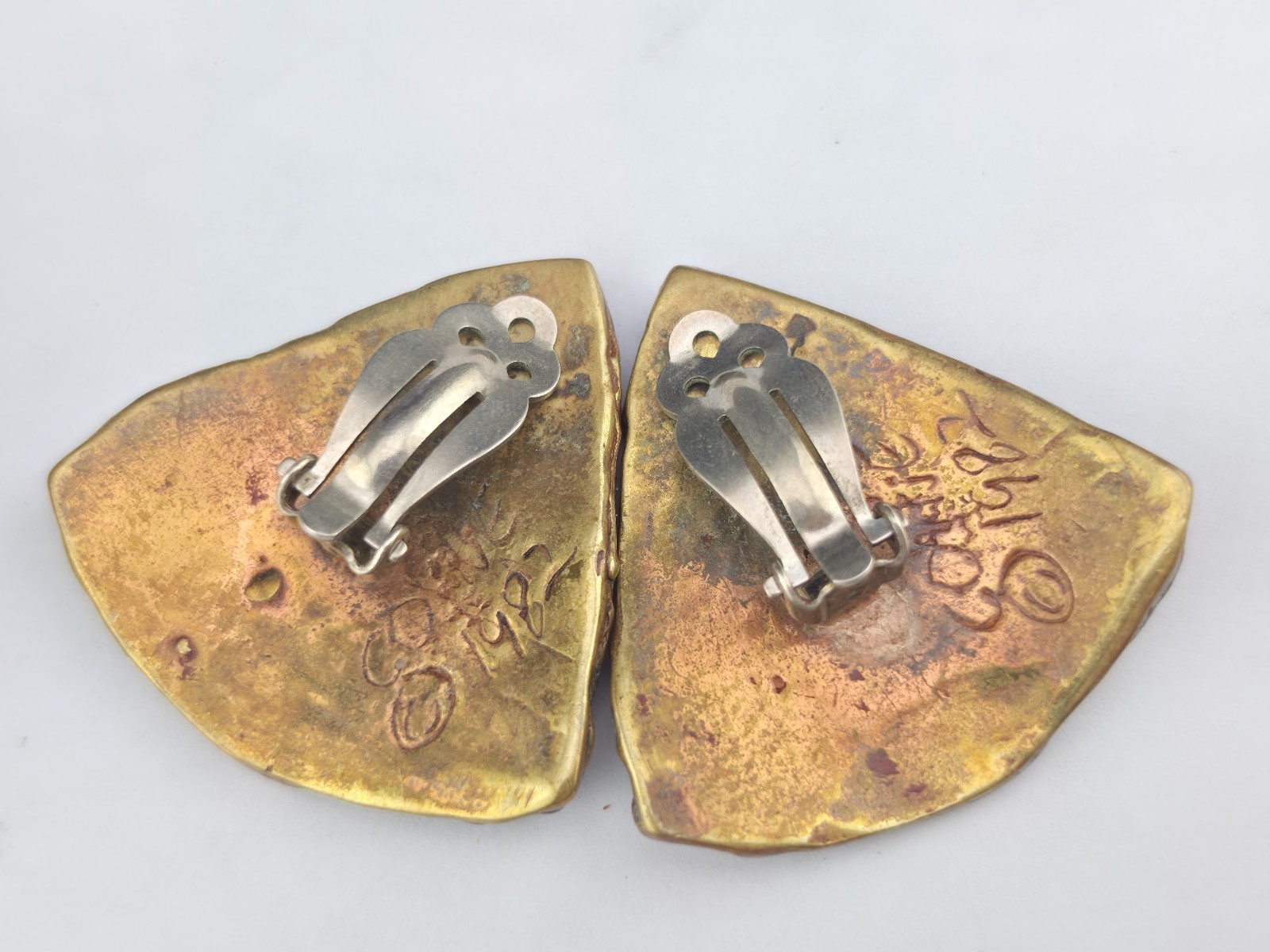Chunky Vintage Elaine Coyne Verdigris Brass Clip Earrings & Cuff Bracelet Set