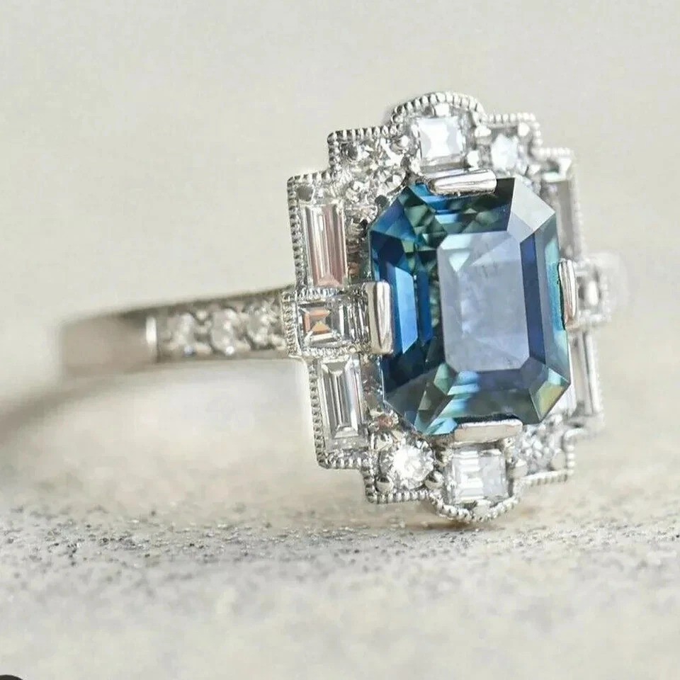 Art Deco Style 2.10Ct Aquamarine Lab Created Diamond 925 Silver Engagement Ring