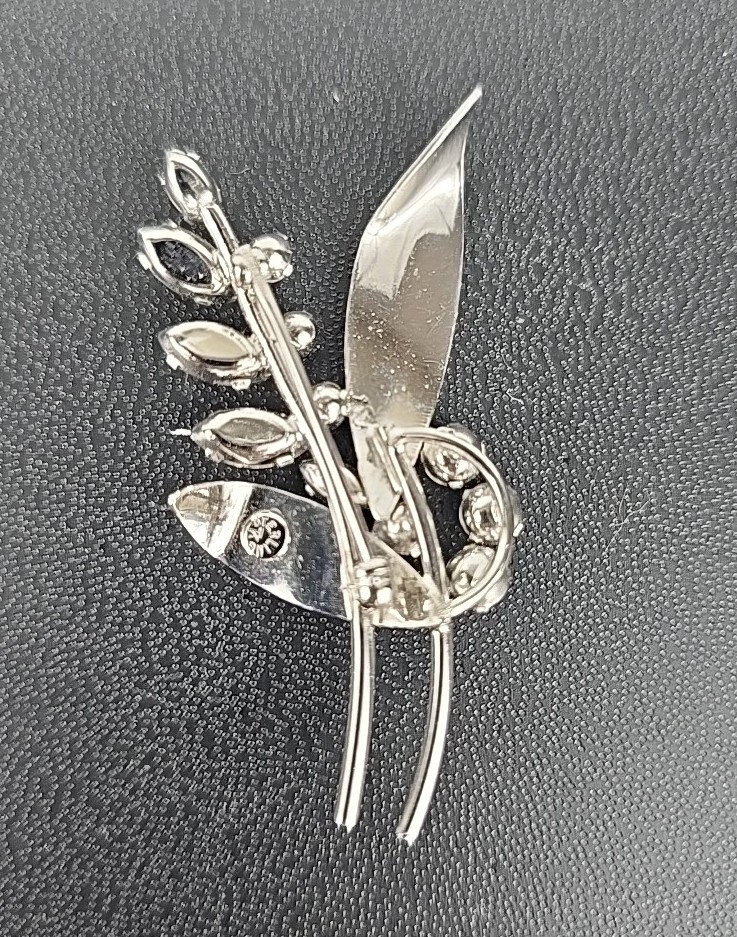 Vintage 925 Sterling Silver Clear Rhinestone Flowers Plant Brooch Pin #1