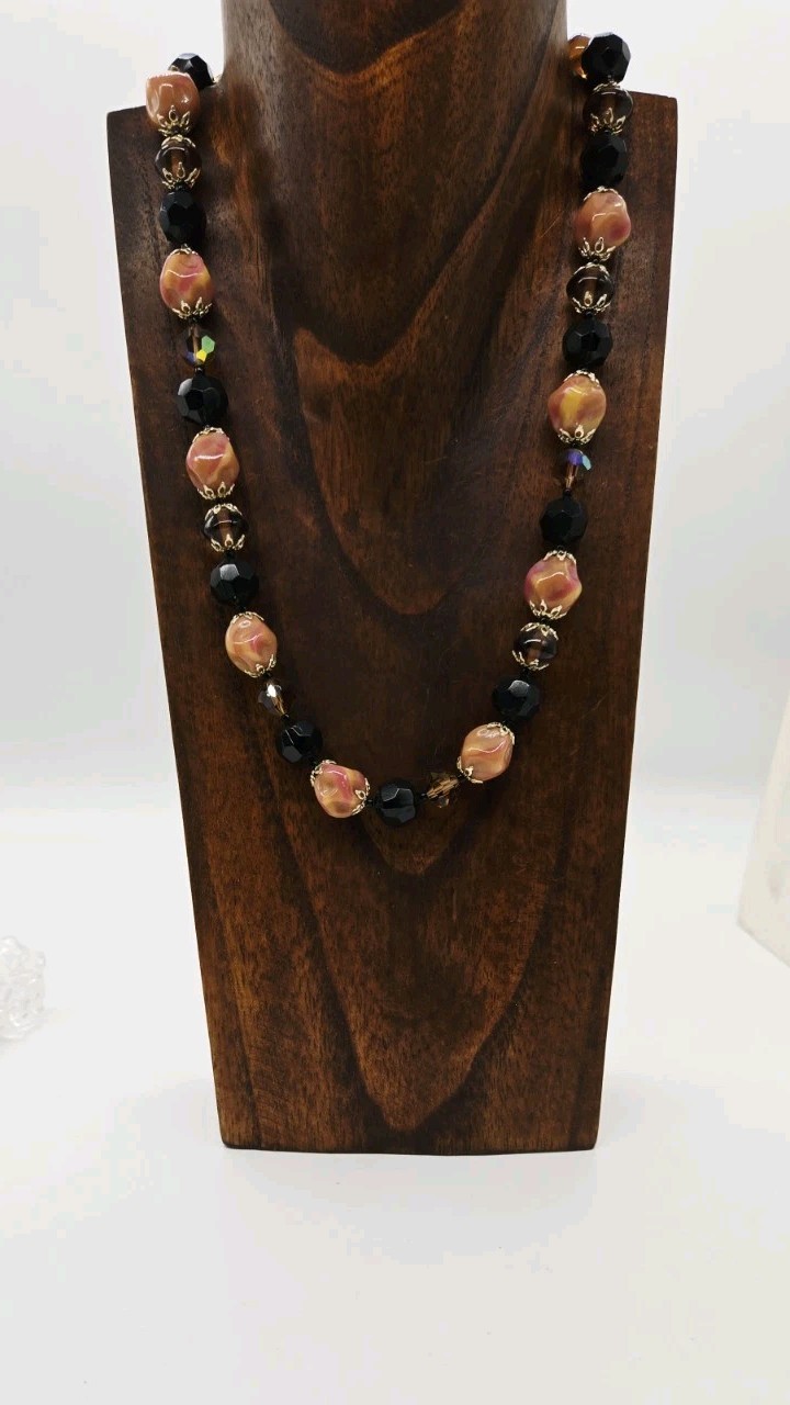 Necklace Amber Brown Peach Multicolored Glass Beaded Signed JAPAN 21 in