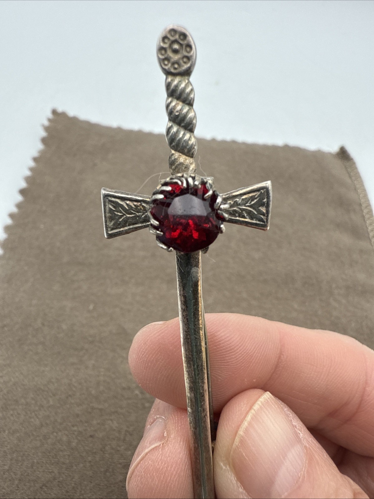 Vintage Sterling Silver Kilt Pin Cross Red Rhinestone Made in Great Britain