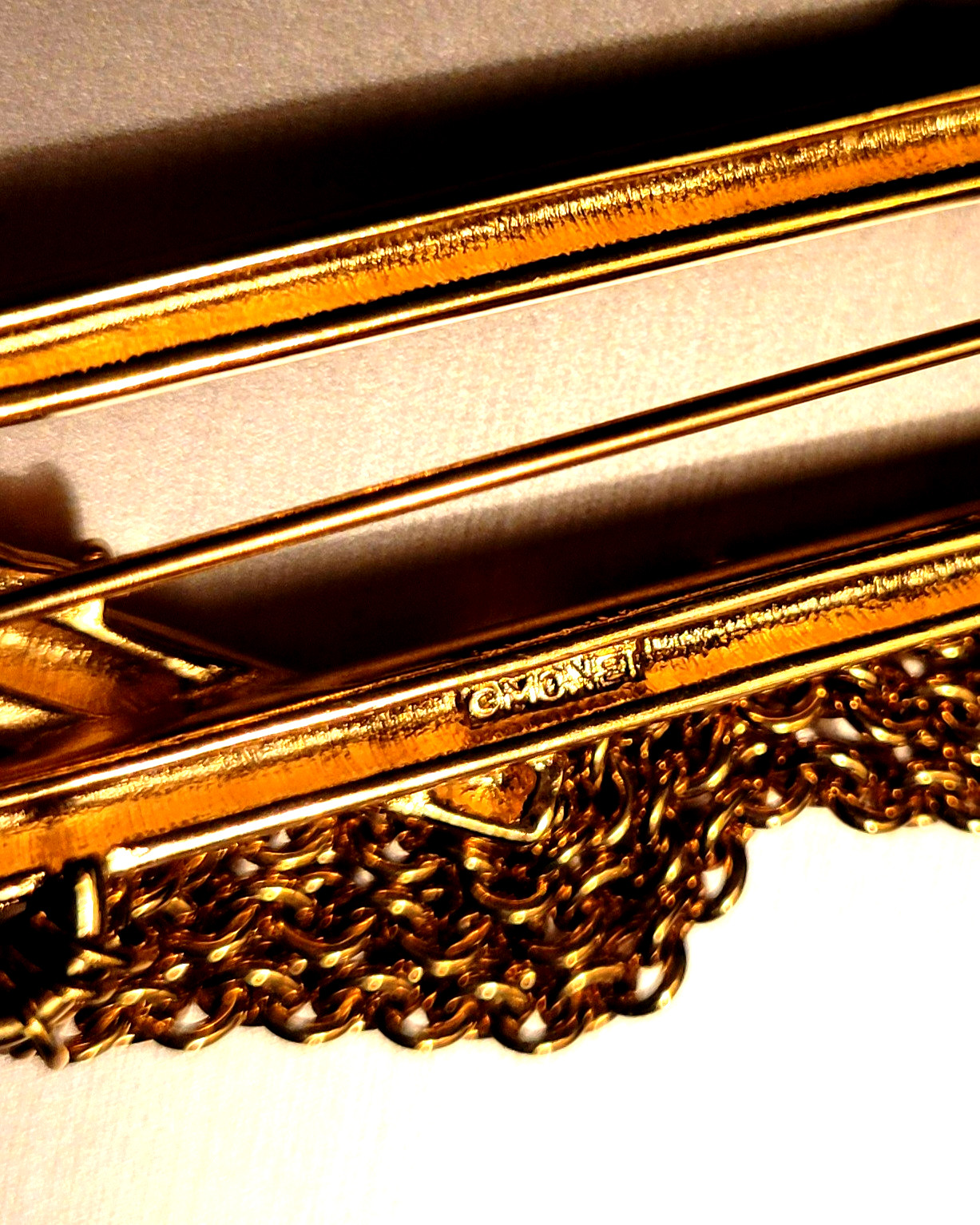 Vintage Monet Chain Draped Gold Tone Bar Brooch/Pin MINT