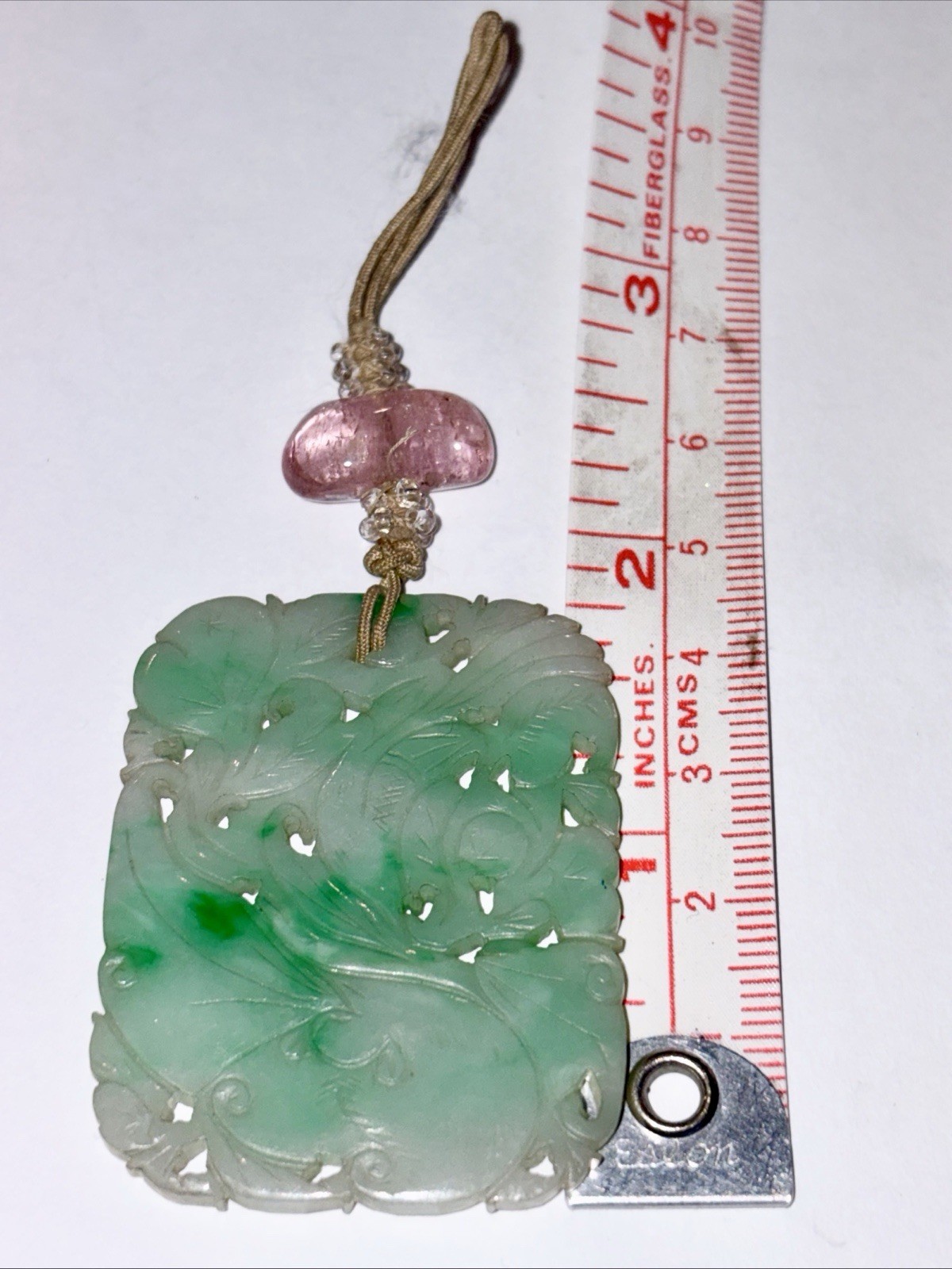 Antique 18g Chinese Carved Jade Pendant Pink Tourmaline Bead Bat & Butterfly