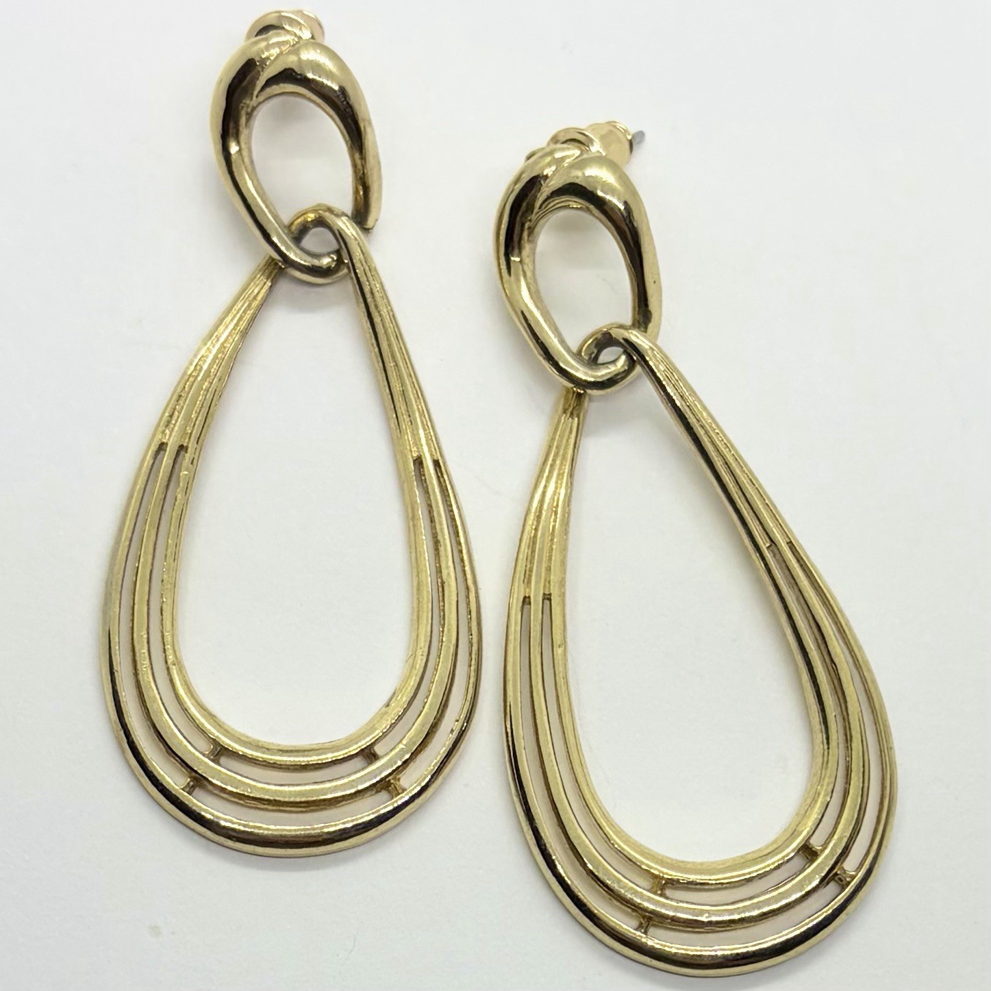 Vtg Goldtone Teardrop Triple Hoop Statement Dangle Earrings Post