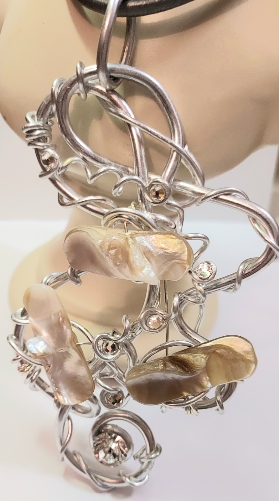 Jeff Lieb Statement Necklace Swarovski Crystal Shell Abstract Art Boho Signed