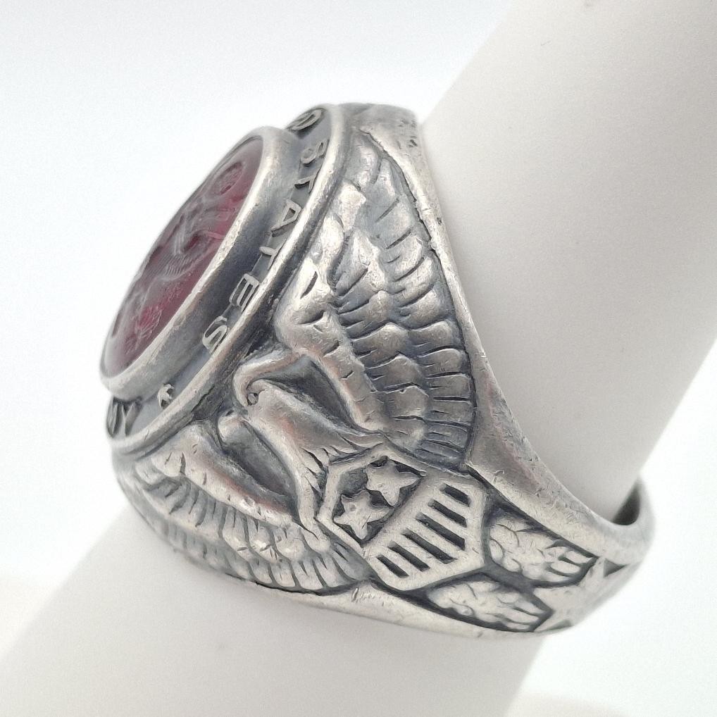Vintage 925 Sterling Silver US Army Seal Red Intaglio Glass Signet Ring Size 7.5