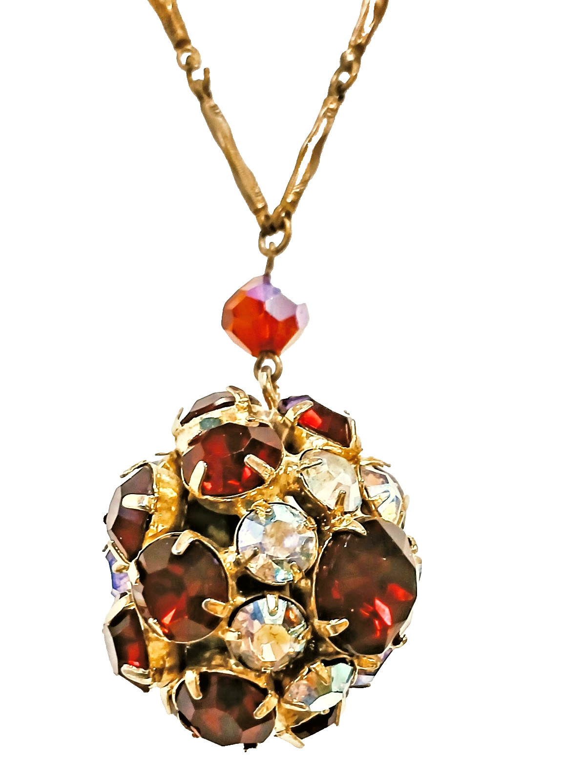 VTG Necklace Red Ball Sparkly Rhinestones Clear & Red prong set 28″ long end2end