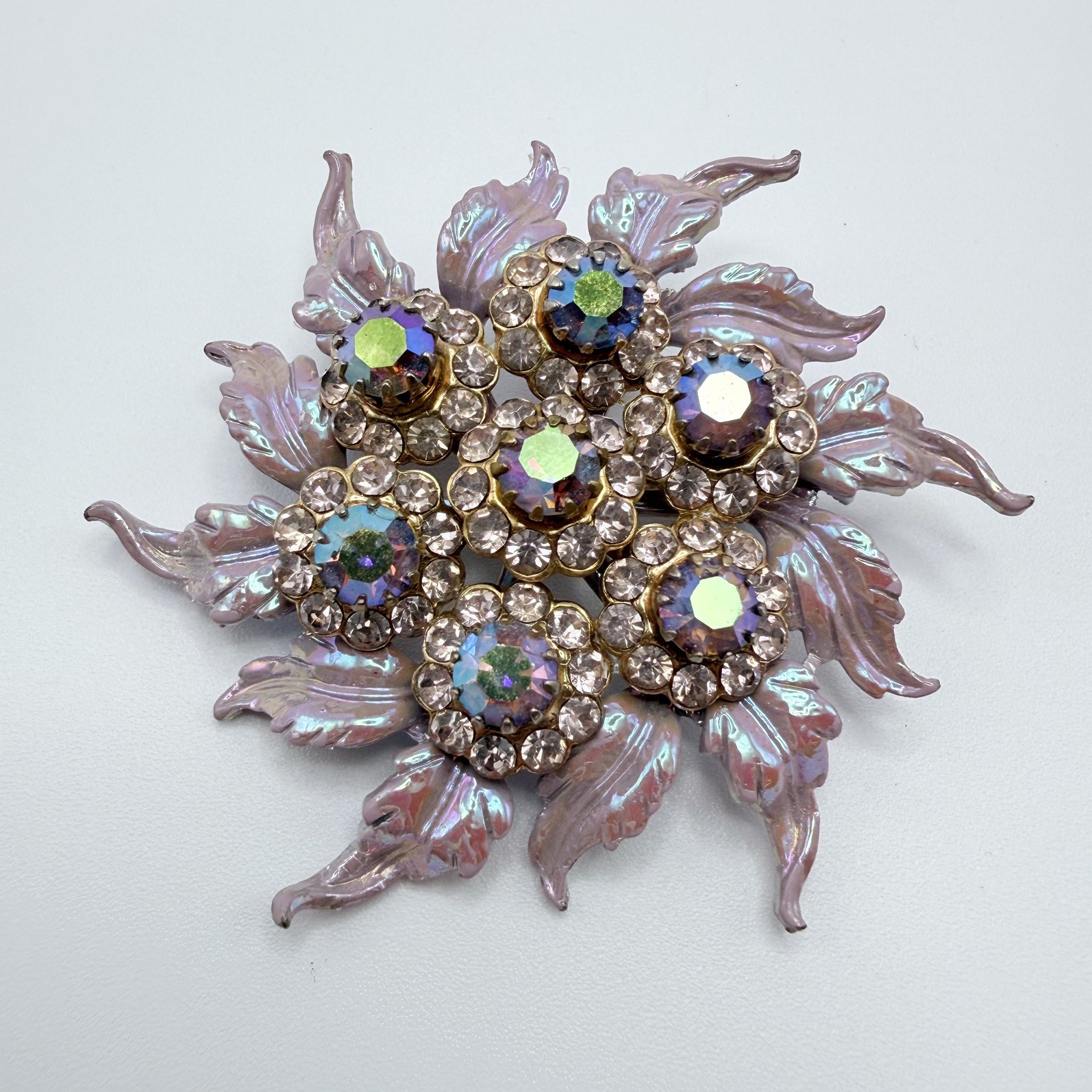 Selini Pearlescent Pink Rhinestone Pin Brooch Aurora Borealis Crystal Vintage
