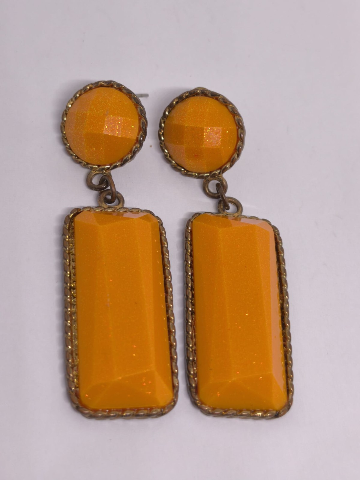 Vintage Art Deco Orange Lucite Dangle Earrings Gold Tone Geometric Statement