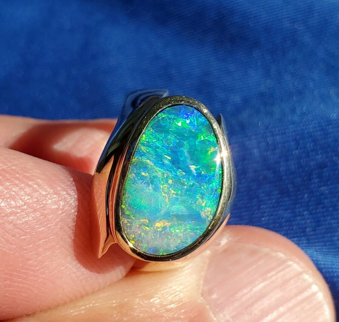 Original EARTH MINED Black OPAL Deco Ring Designer Hand made SOLID 14K GOLD 6.25