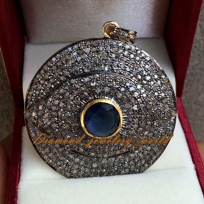 Estate 3.46ct Rose Cut Diamond Sapphire Silver Stunning Evil Eye Pendant Jewelry