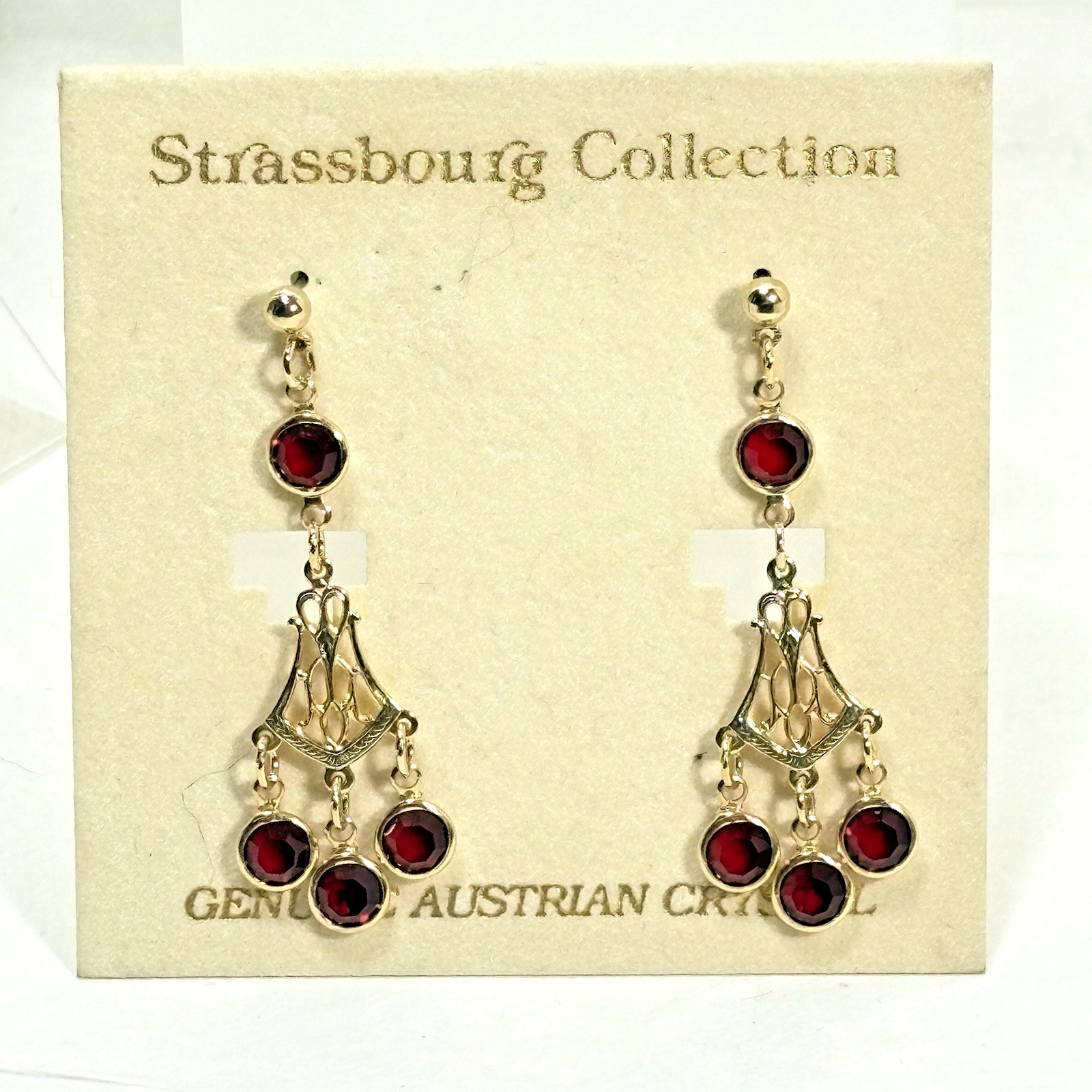 NOS Red Bezel Austrian Crystal Chandelier Earrings Pierced Post Dangle VTG 2.25″