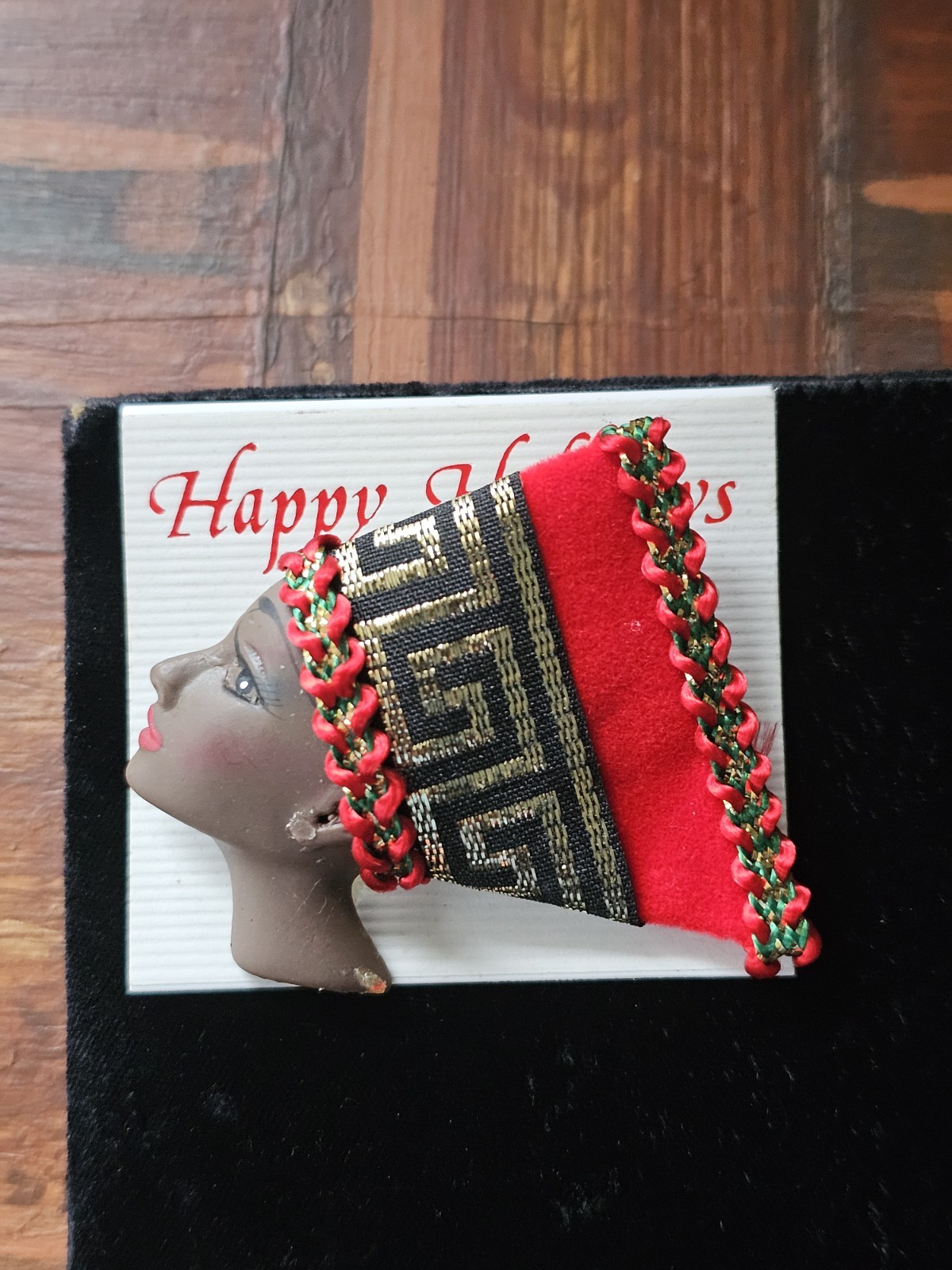Vtg Brooch Fashion Jewelry African Woman Face Head Pin Kente Wrap Holiday