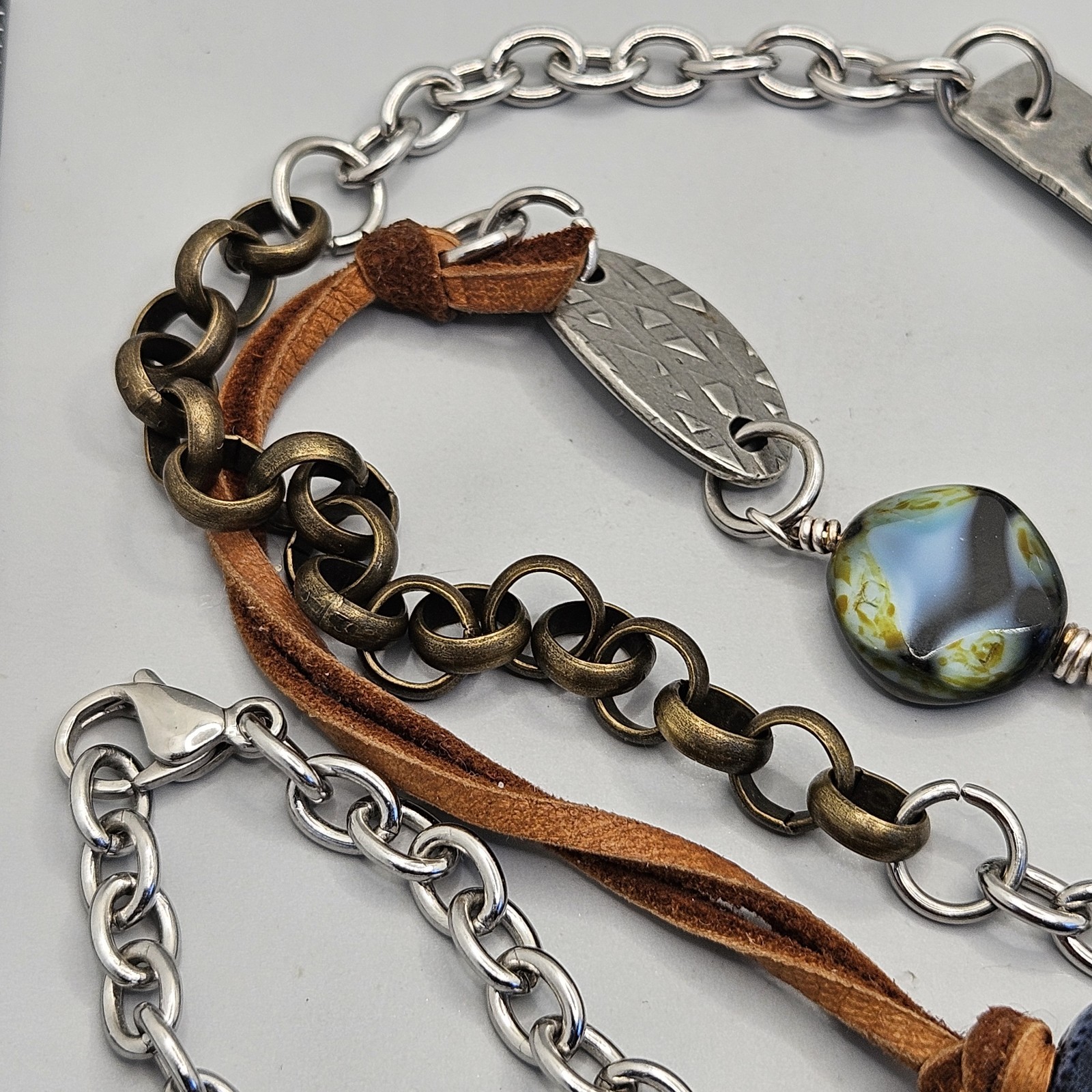Silver Boho Pendant Necklace Cord Mixed Metals Beaded Arrow Head Stone Charms