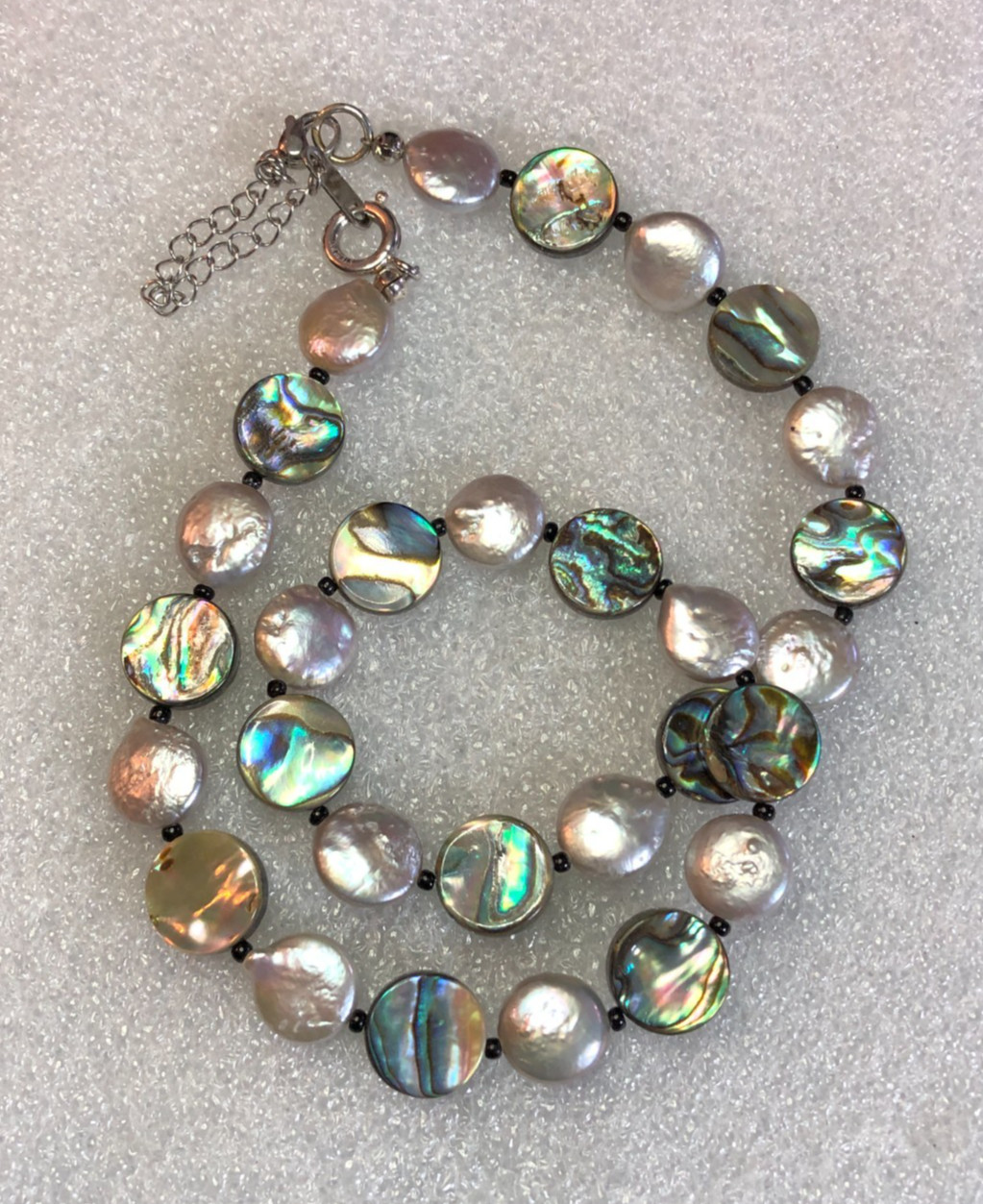 Vintage Silver Freshwater Coin Pearl Abalone Shell Disk Bead Necklace 925 P1
