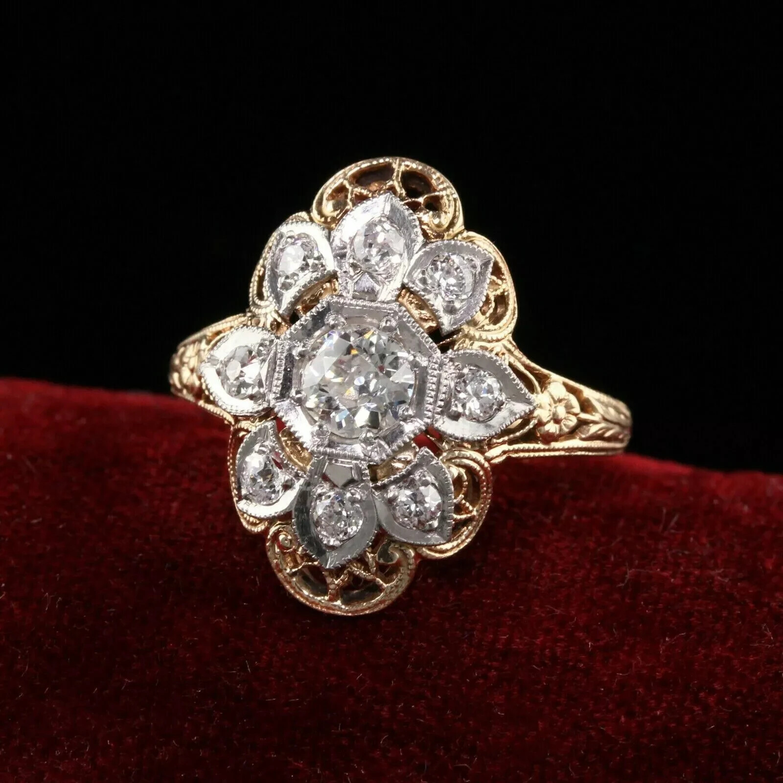 Art Deco Vintage Round Lab Created Diamond 14K Two-Tone Gold FN Engagement Ring