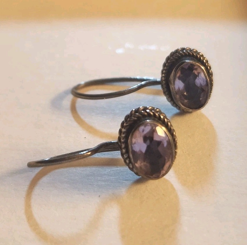 Vintage 925 Faceted Amethyst East/West Braided Bezel Dainty Drop Earrings