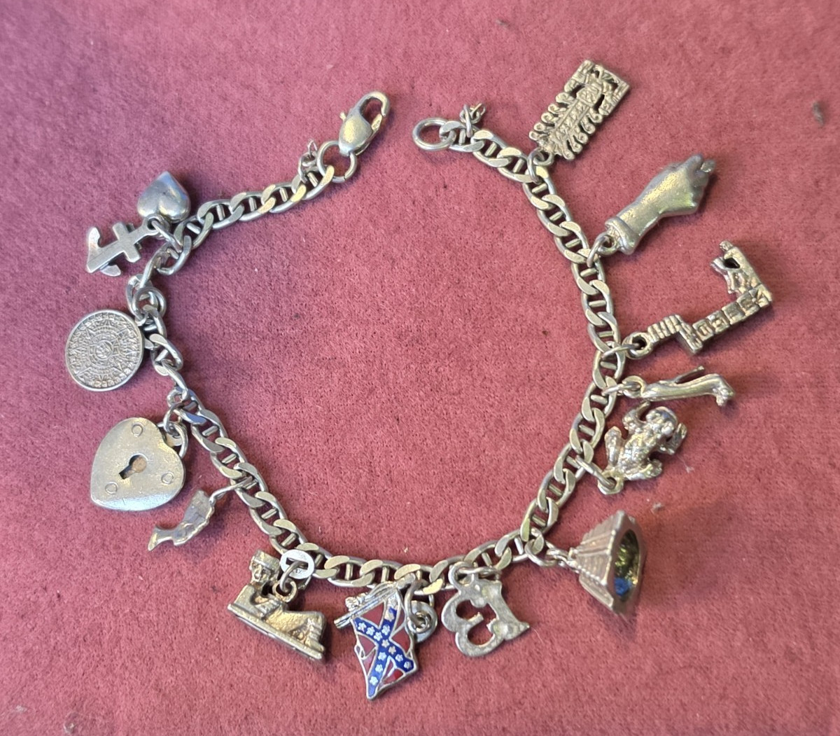 Vintage Sterling Charm Bracelet & 16 Unusual Sterling Silver Charms 7” L -25Gr