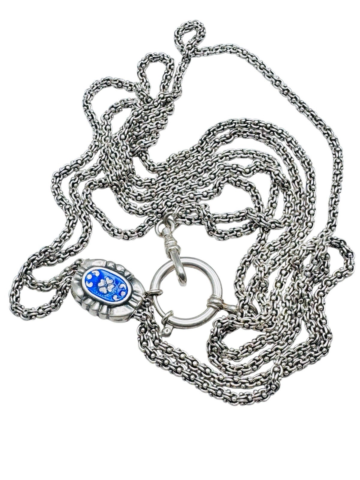 Antique Sterling Silver Fancy Long Watch Guard Chain Necklace Enamel Slide 60″