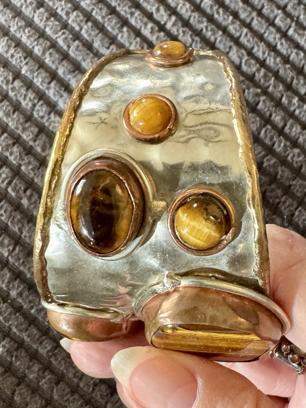 Vtg Wide Hammered Silver Copper Bronze Cuff Bracelet Tiger’s Eye & Gems 64gr