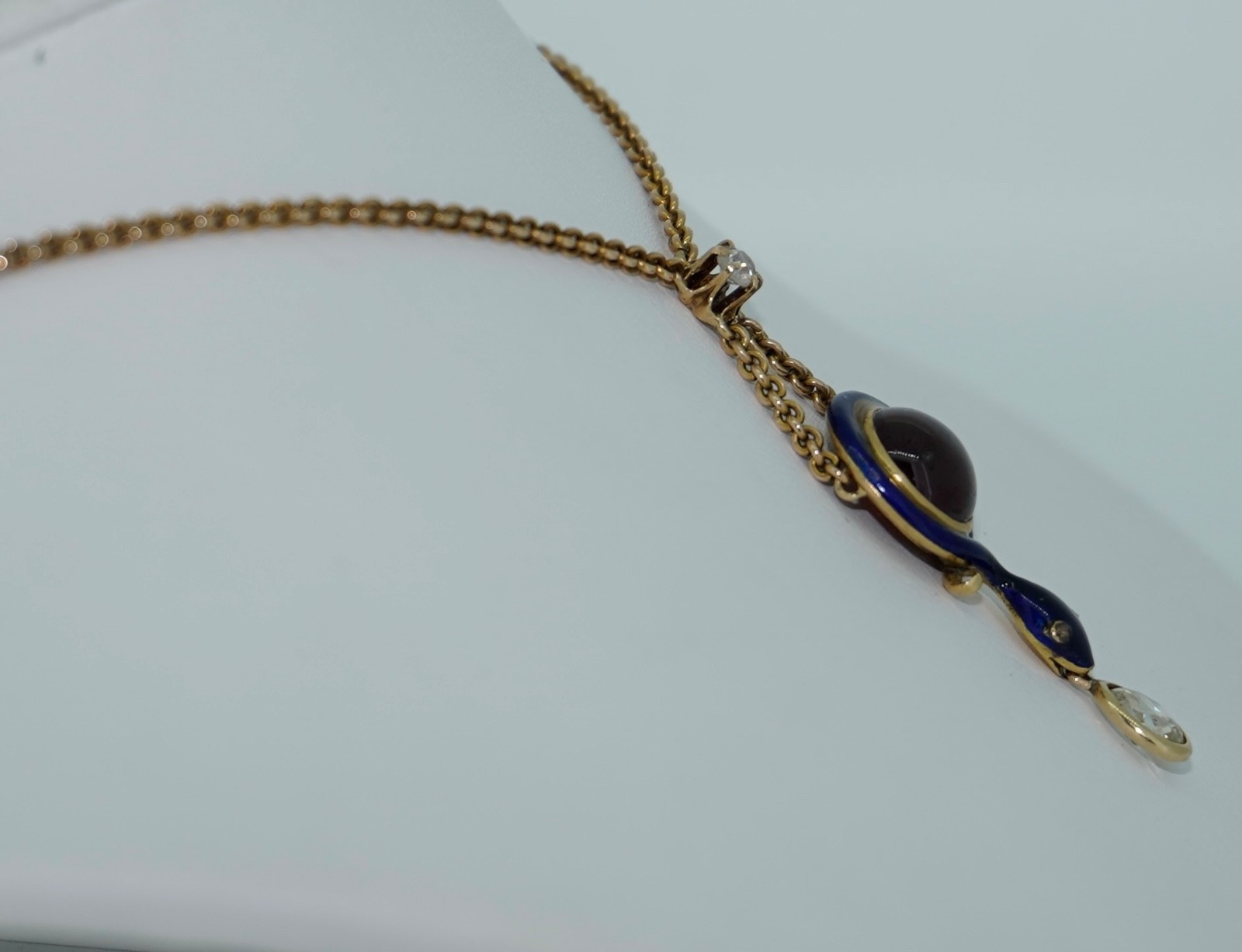 Antique 14K Enamel Snake With Diamonds & Garnet Necklace