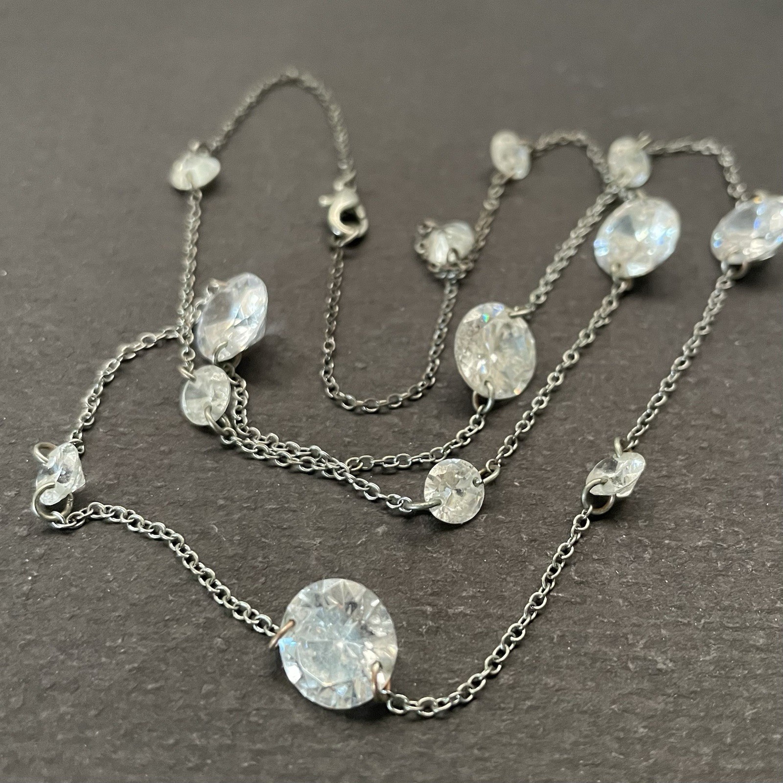 Vintage Faceted Crystal Floating Rhinestone Station Necklace Art Deco Style