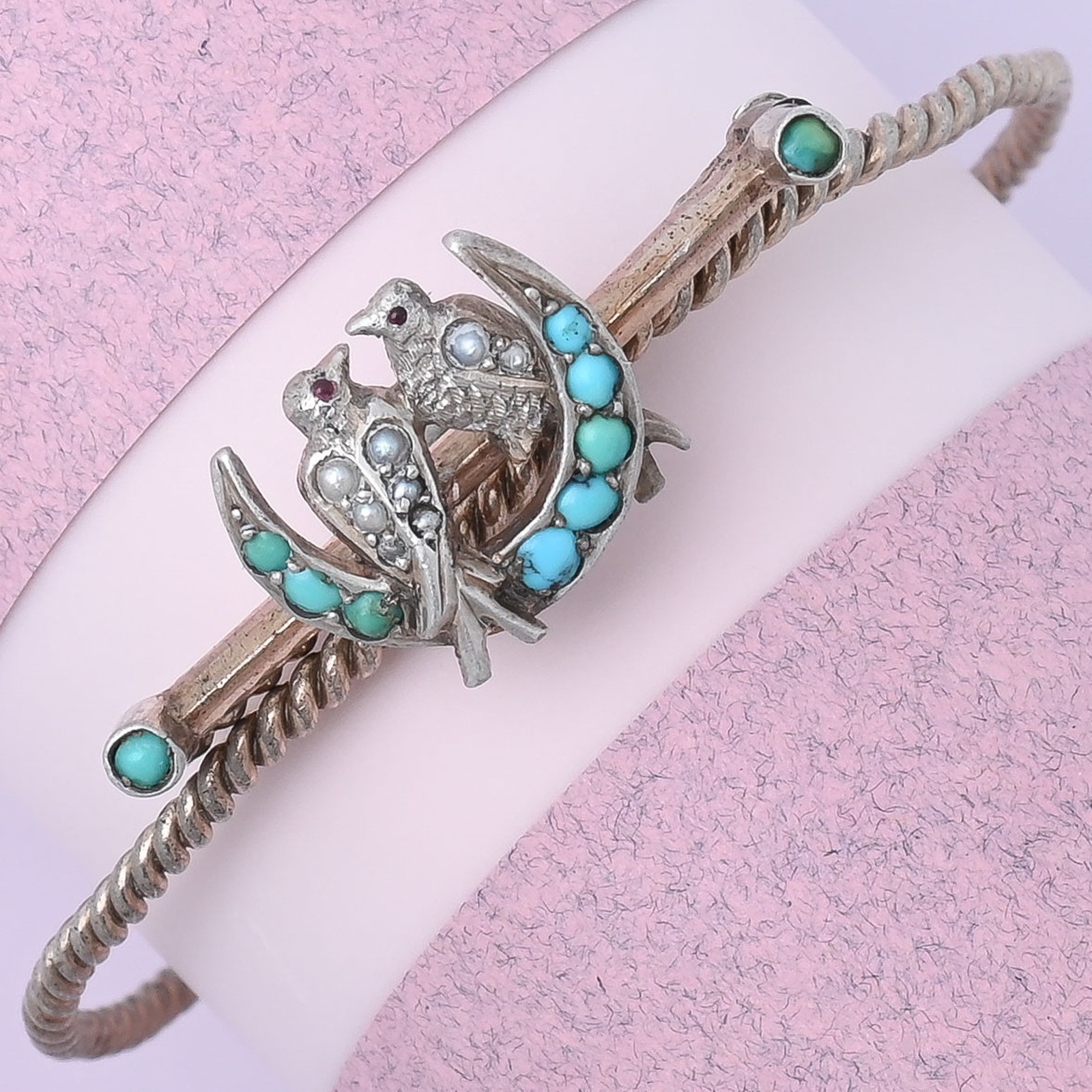 Antique Victorian Crescent Moon Swallow Bird Turquoise Sterling Silver Bracelet