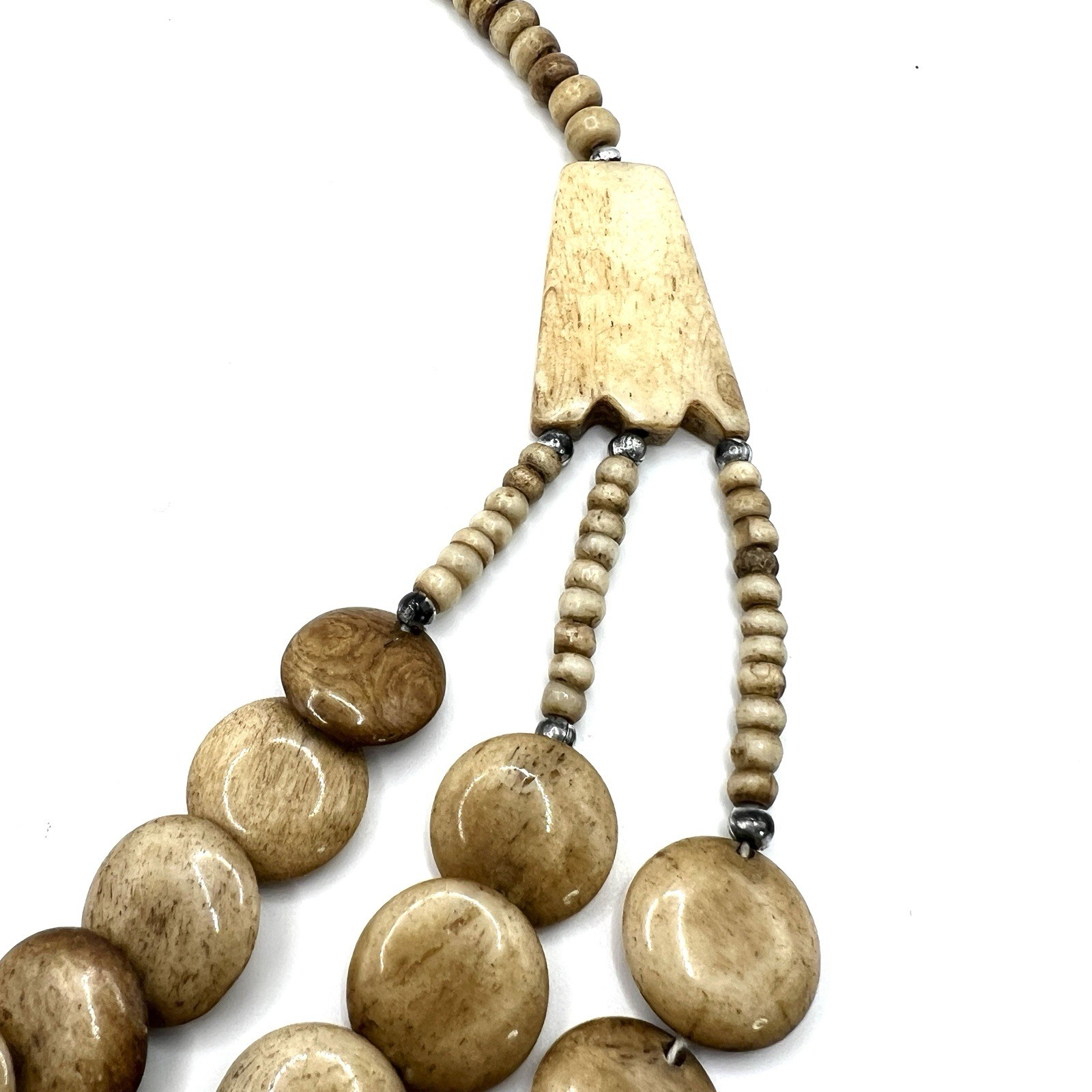 Vintage Multi Strand Bone Bead Necklace Tribal Boho Natural Beige Statement 19”