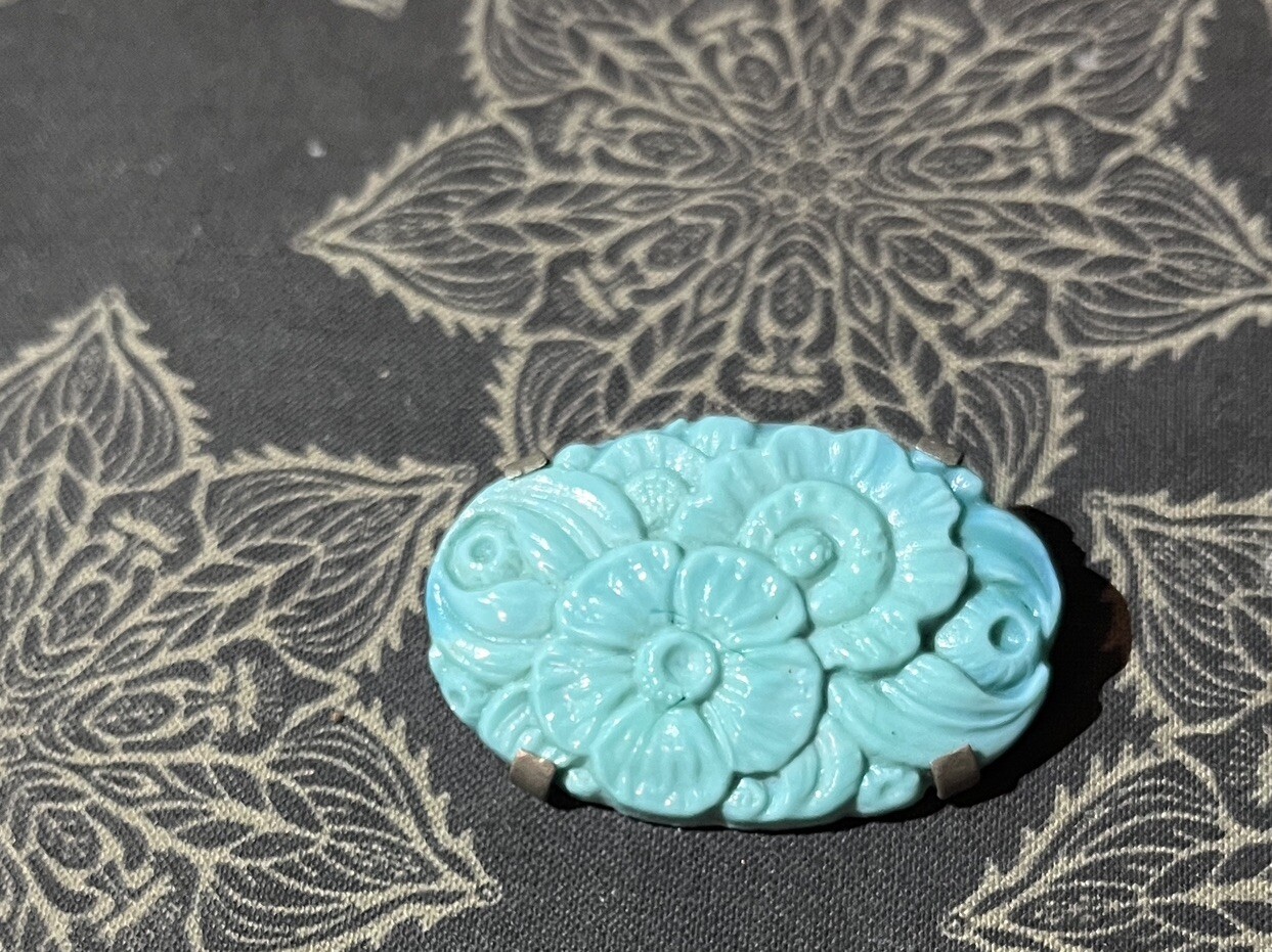 Antique Made In France Brooch Pale Blue Floral Trombone Style Pin Back