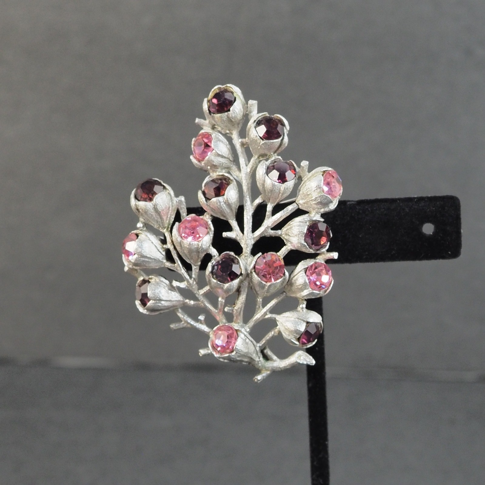 Sarah Coventry Wisteria Brooch Silver Tone Pink Purple Rhinestone Floral Vintage
