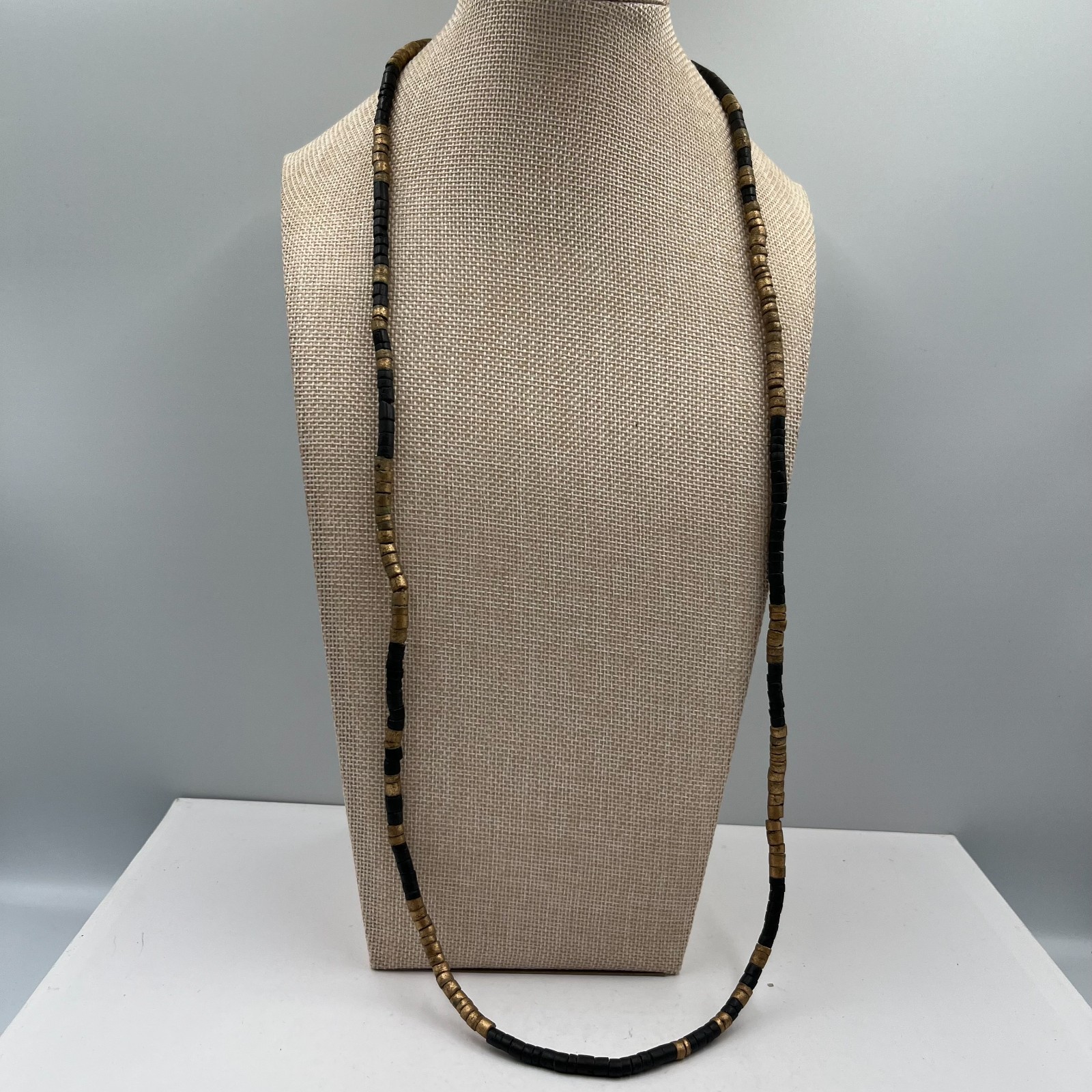 Vintage African Style Brass Black Glass Bead Necklace Ethnic Tribal Boho Jewelry