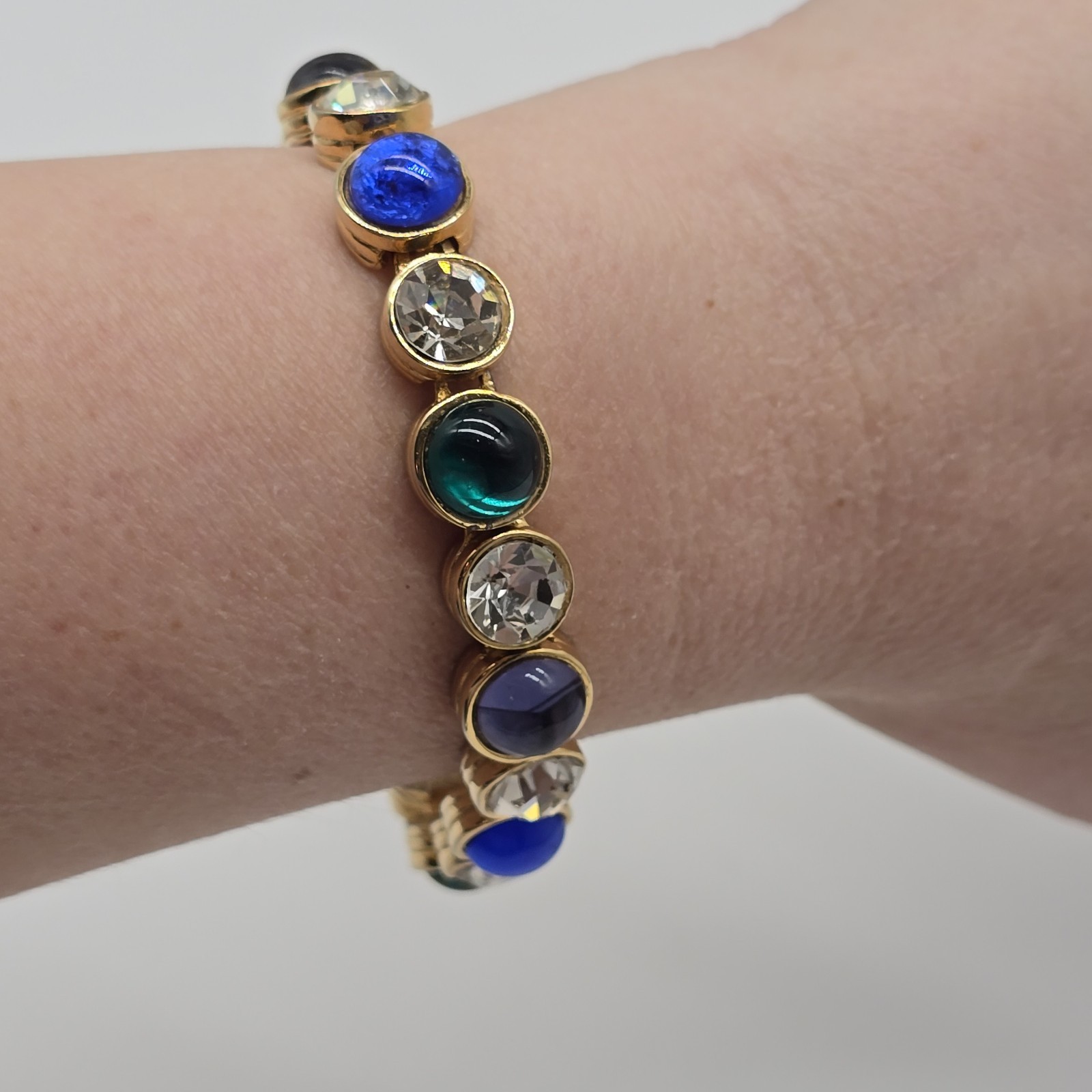 Vintage Les Bernard Bracelet Clear Rhinestones And Blue Green Purple Cabochons