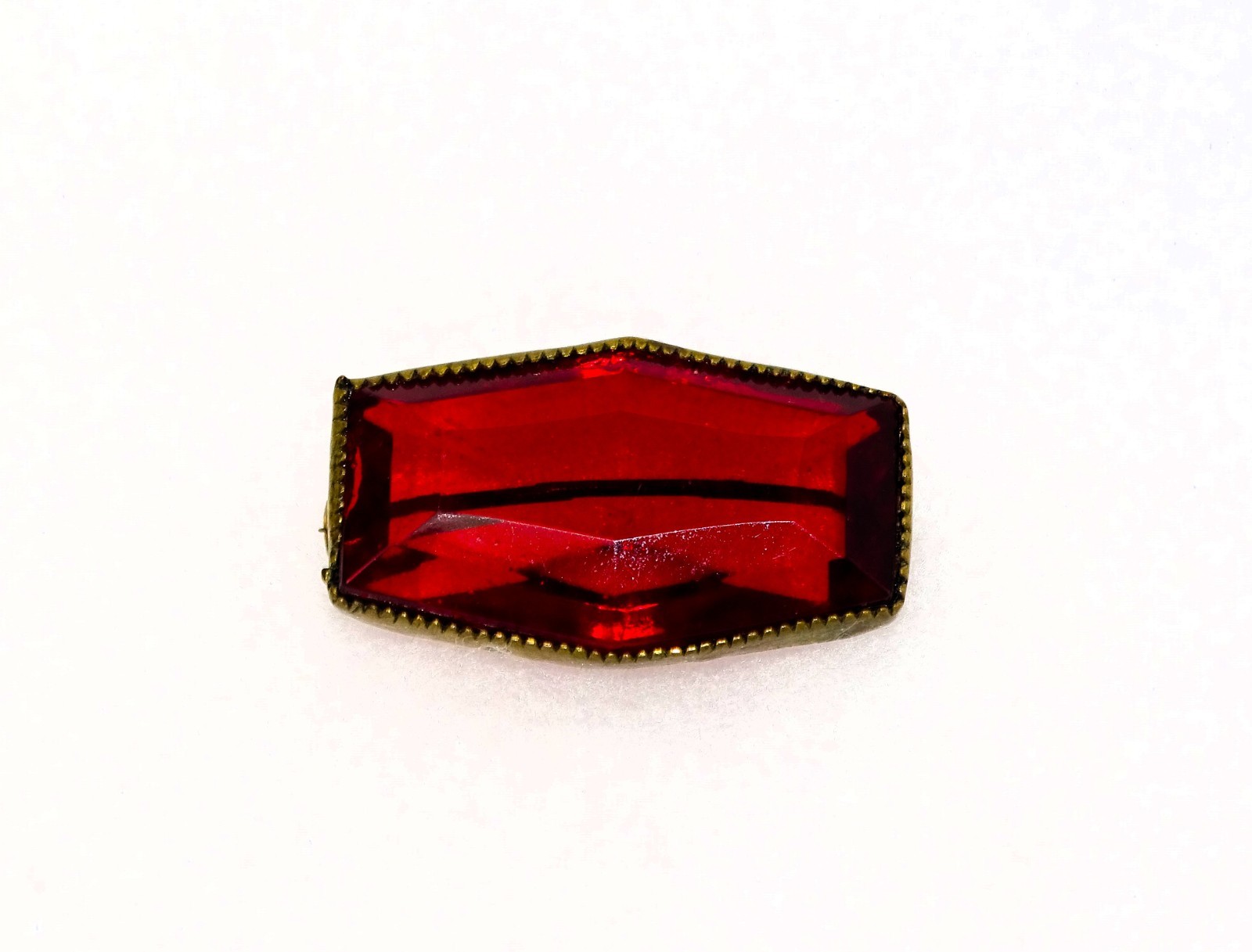 Vintage/Antique Red Glass Brooch, Elongated Hexagon with C-clasp