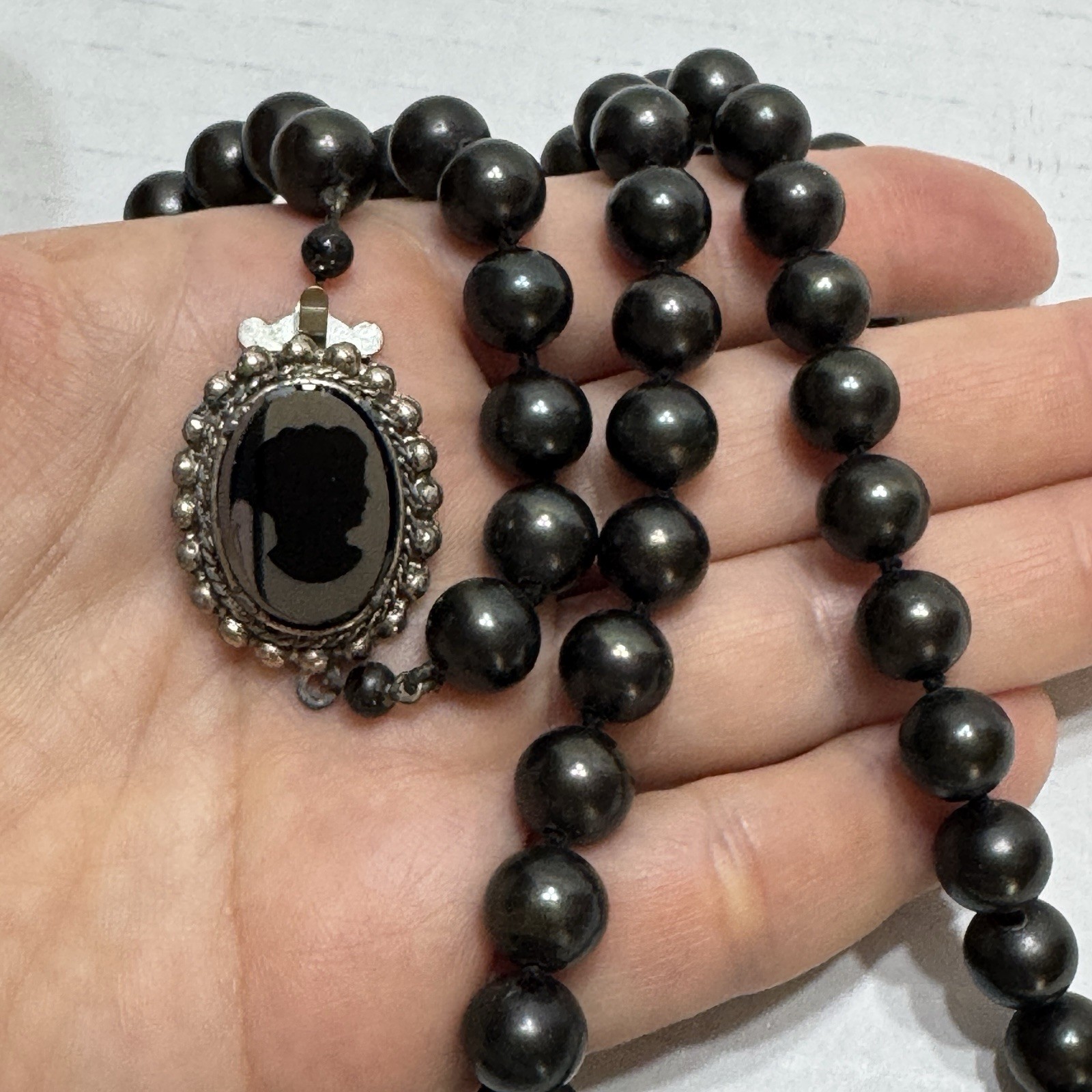 Vtg 23” Glass Faux Pearl Necklace Carved Cameo Clasp Charcoal Grey Black Grandma