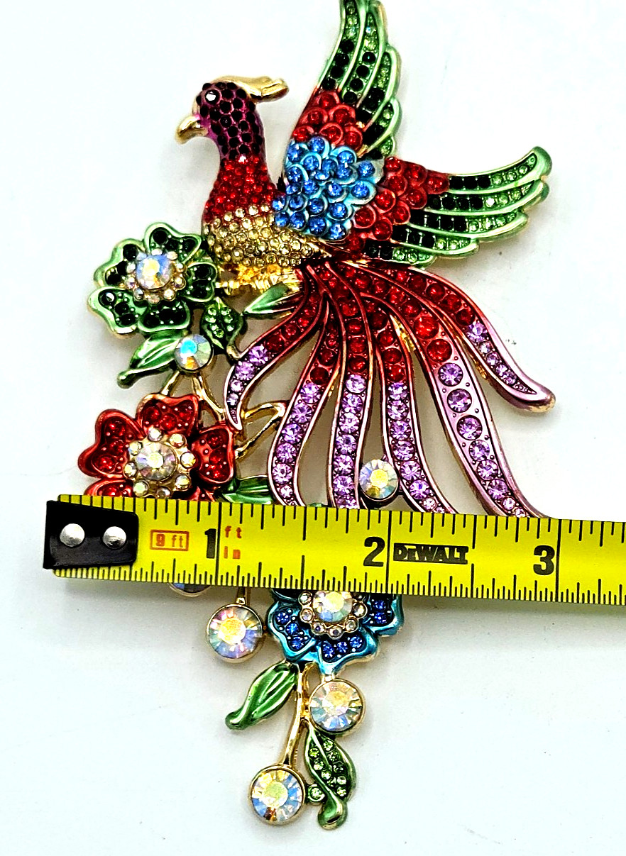 Large Peacock Brooch Pin Multi Colored Crystal Rhinestone Beautiful Gold Tone 5″