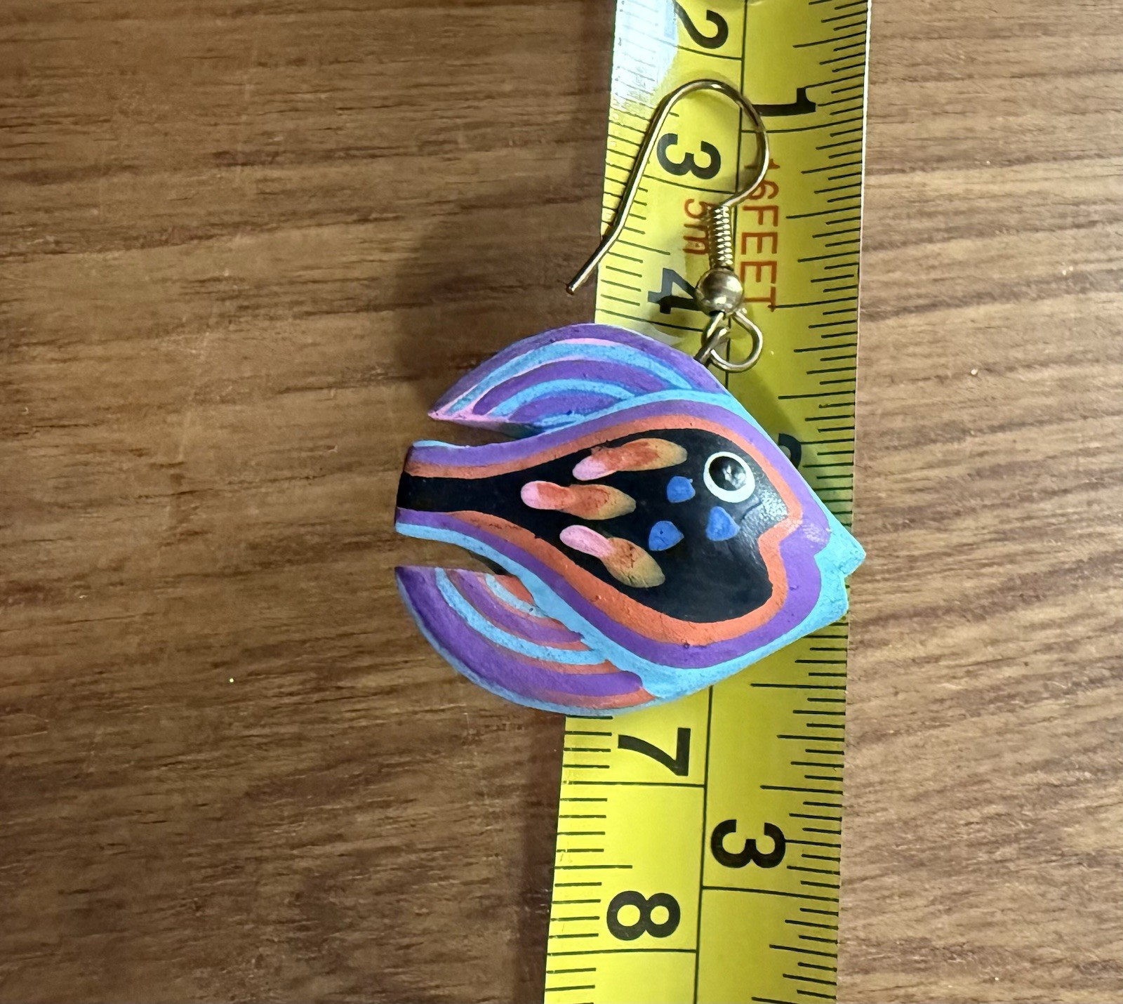 Vintage Hand-painted Wooden Blue Tropical Fish Dangle Earrings