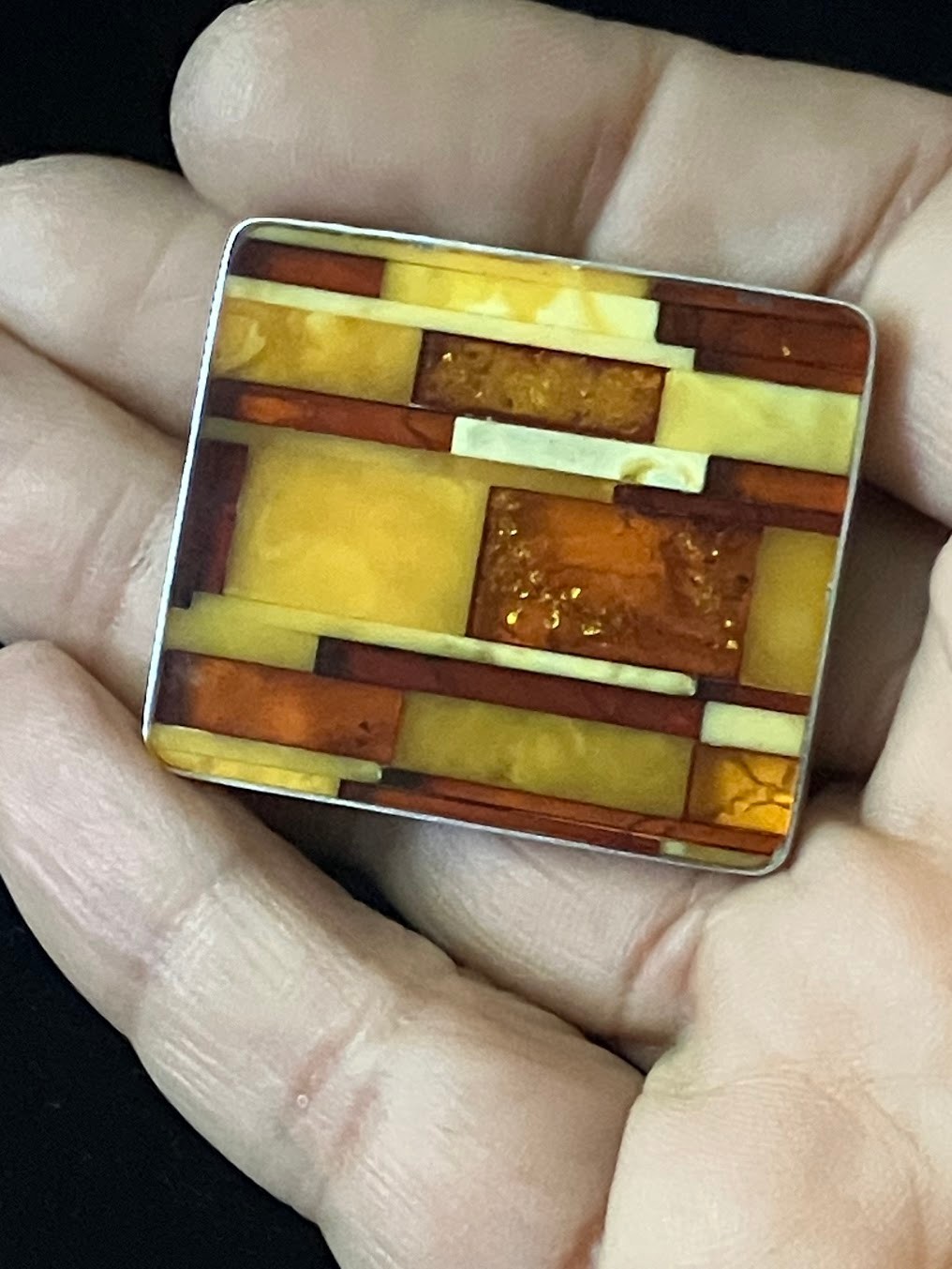 Vintage Baltic Amber Brooch Earring Clip On Set Mosaic Sterling Silver