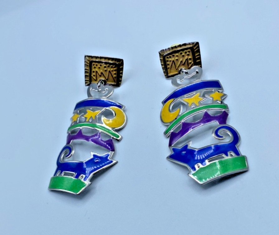 Edgar Berebi Earrings Enamel Silver Tone Metal 2.75” Long Coyote and Moon VTG