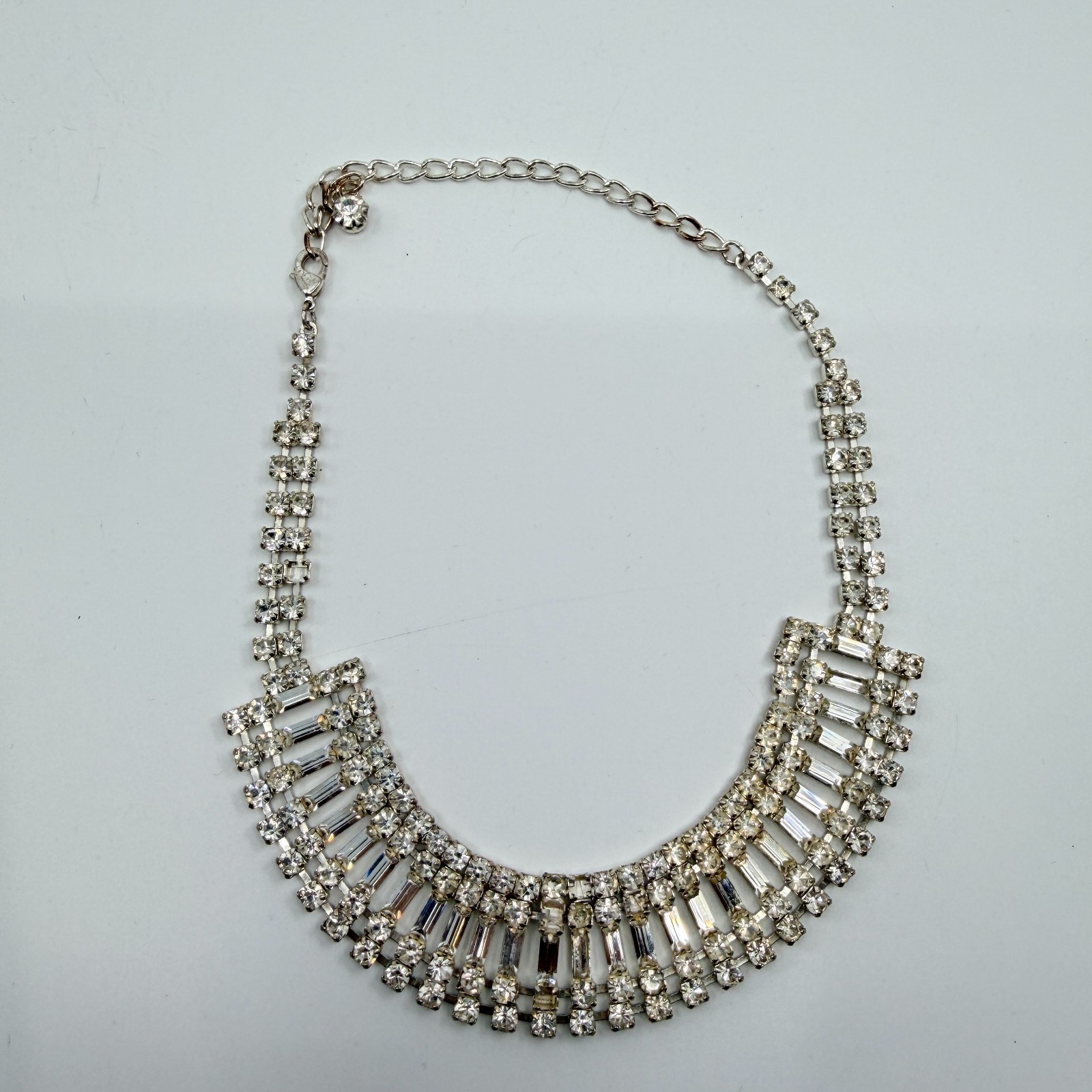 Vintage Mid Century Clear Rhinestone Baguette Choker Necklace Silver Tone Wide