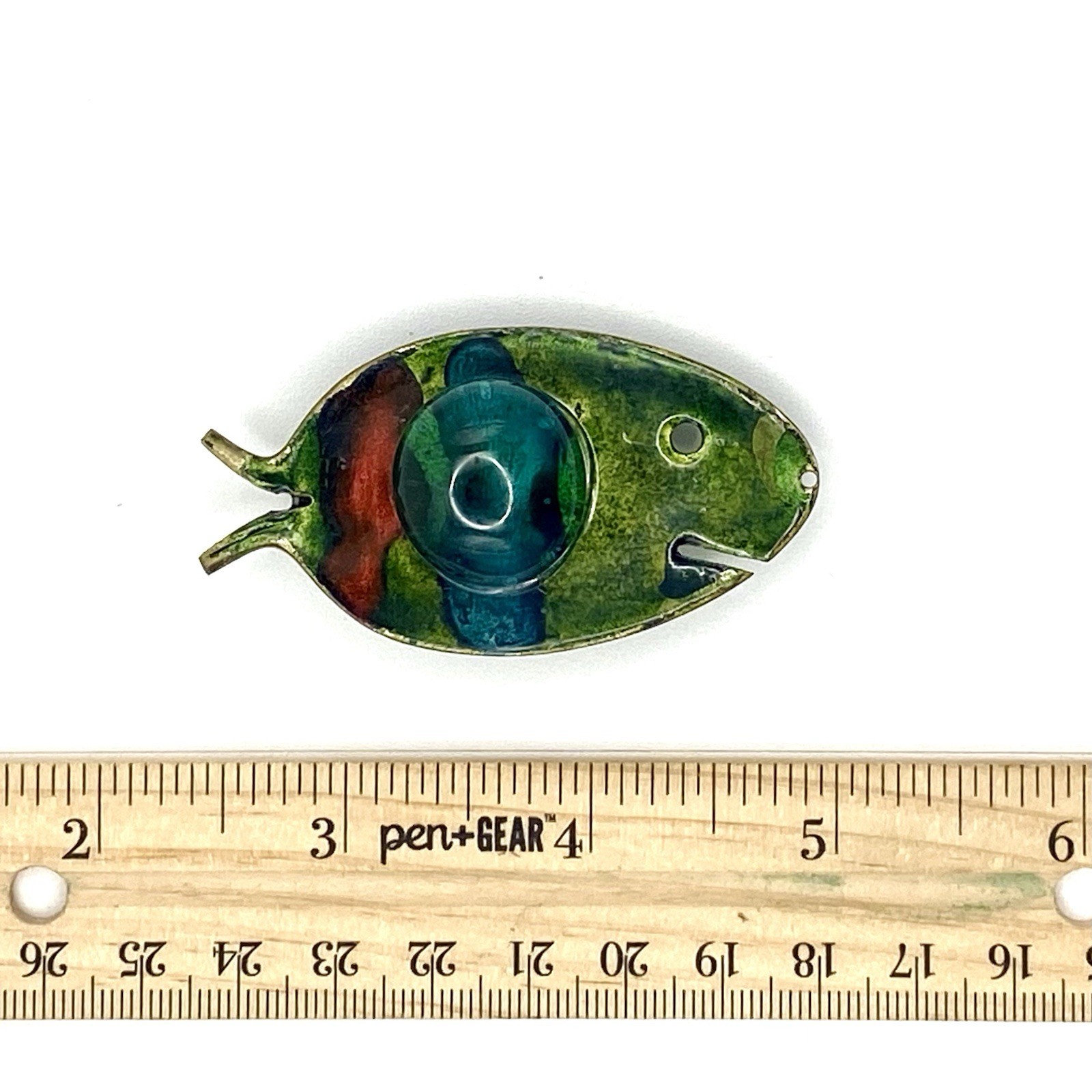 Vintage Modernist Fish Pendant Metal Enamel Art Glass Reversible Charm