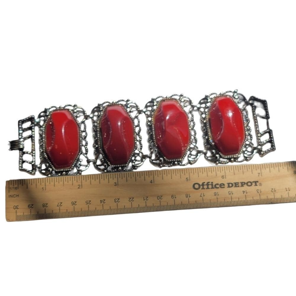 Vintage Red Cabochon Panel Bracelet & Clip Earrings Set Silver Tone Filigree