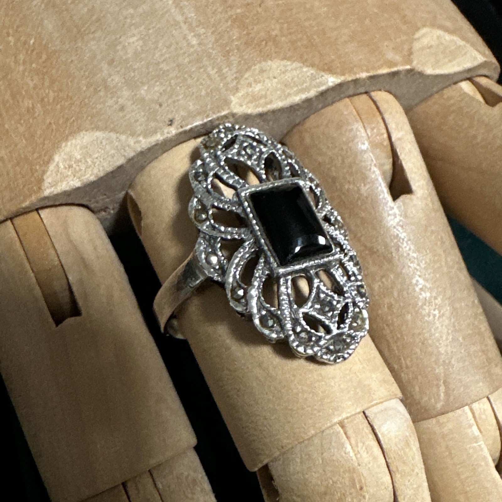 Silver style Black stone Filigree -Vintage
