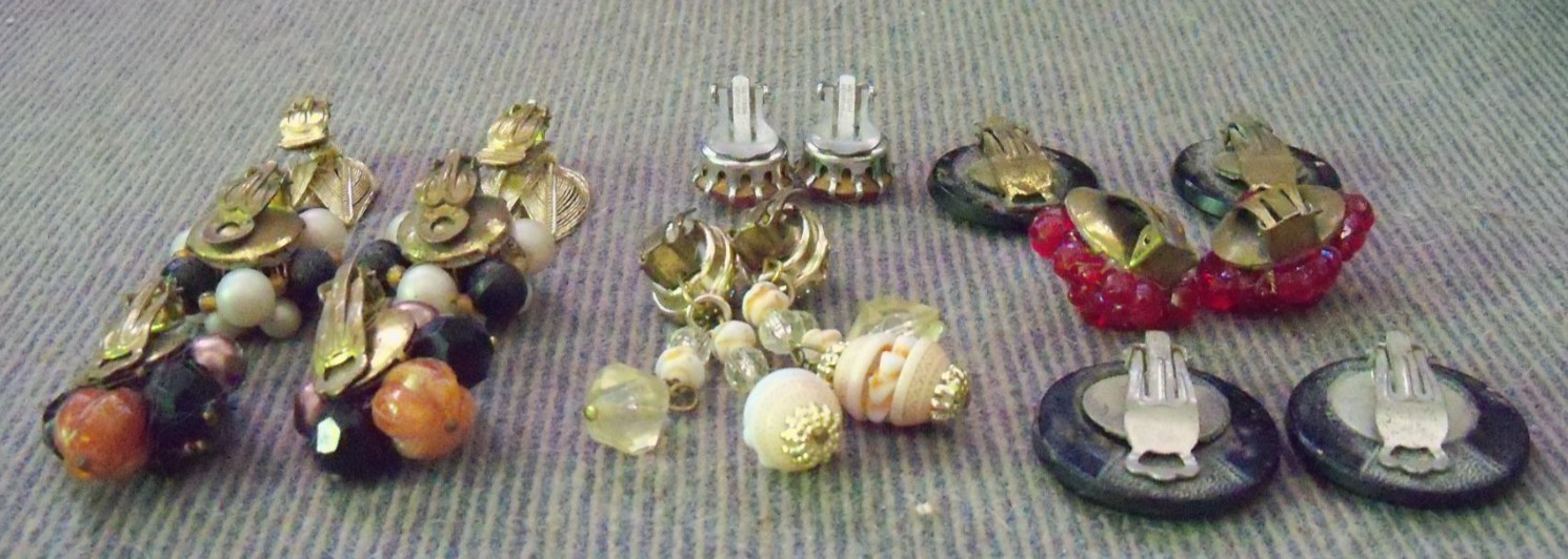 West Germany Vintage Jewelry 8 Earring Pairs Rhinestone Faux Pearl-Glass-Plastic