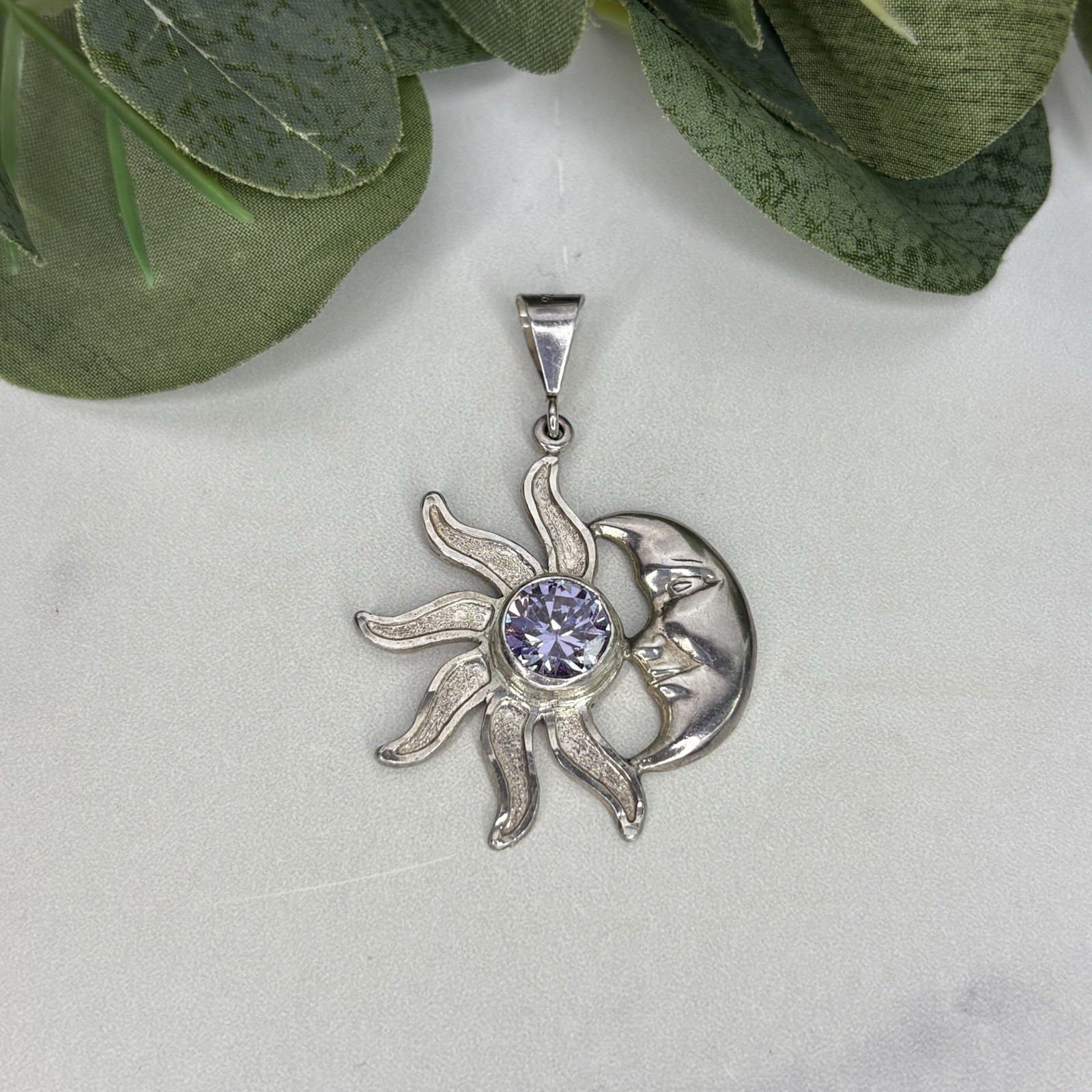 Vintage Mexico Sterling Silver Sun & Crescent Moon Eclipse Pendant Purple Stone