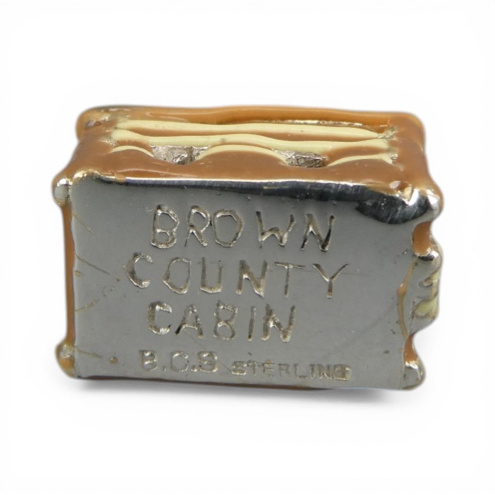 Sterling Silver Enamel Log Cabin Charm for Bracelet Brown County Vintage New